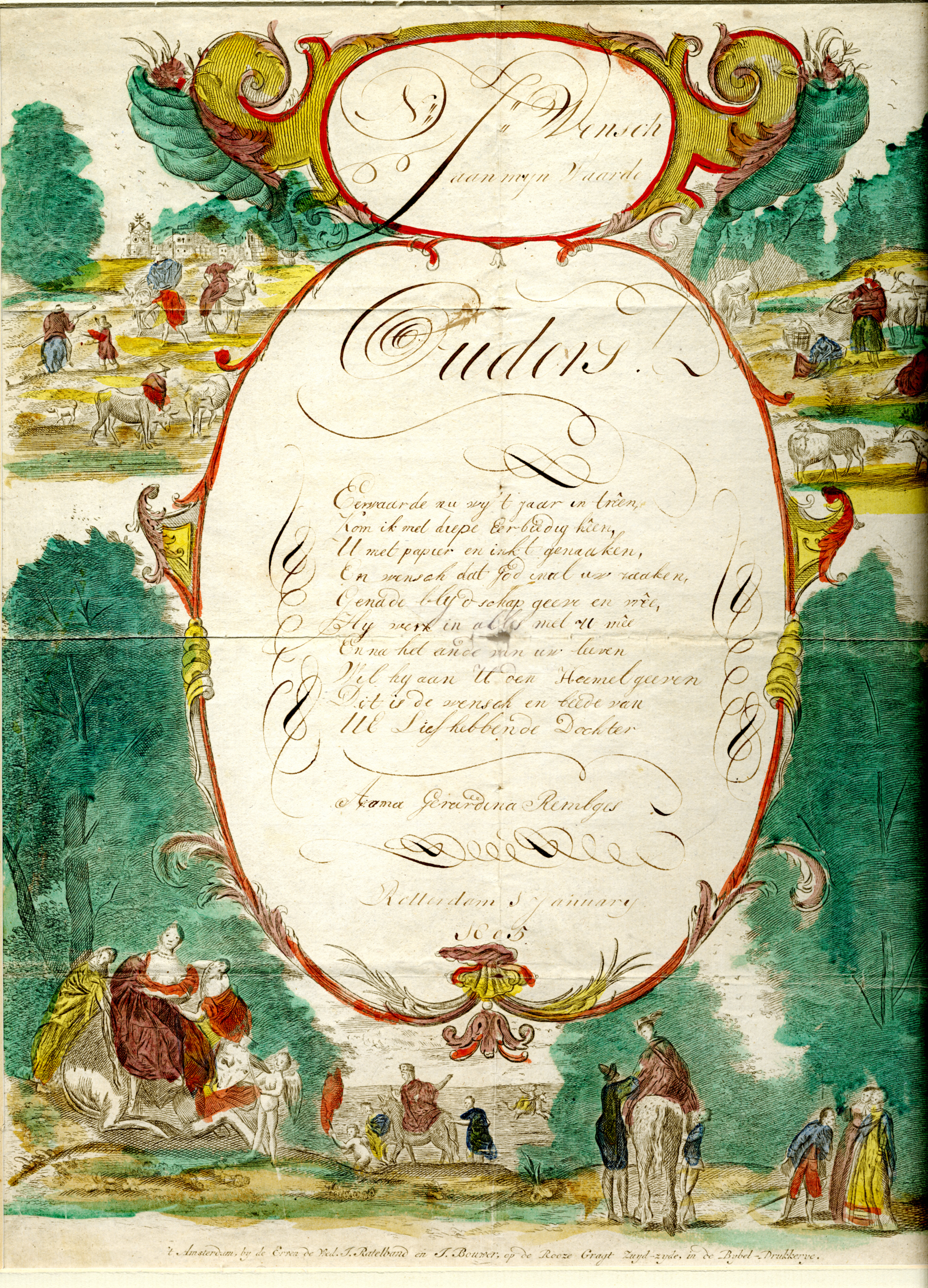 Ingekleurde gravure met nieuwjaarswens van A.G. Rembges aan haar ouders, 1805.