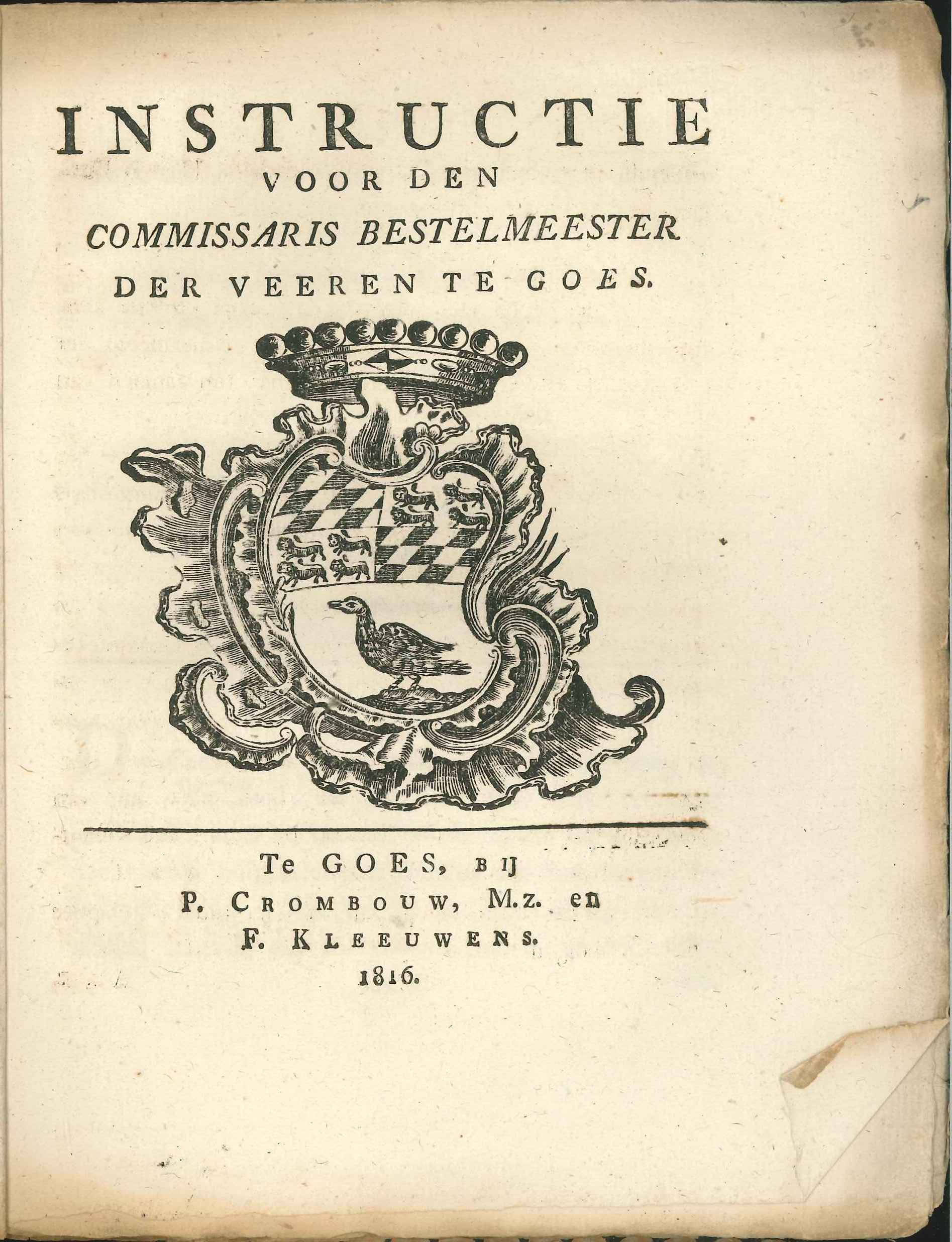 Instructie voor de commissaris-bestelmeester voor de veren, 1816.