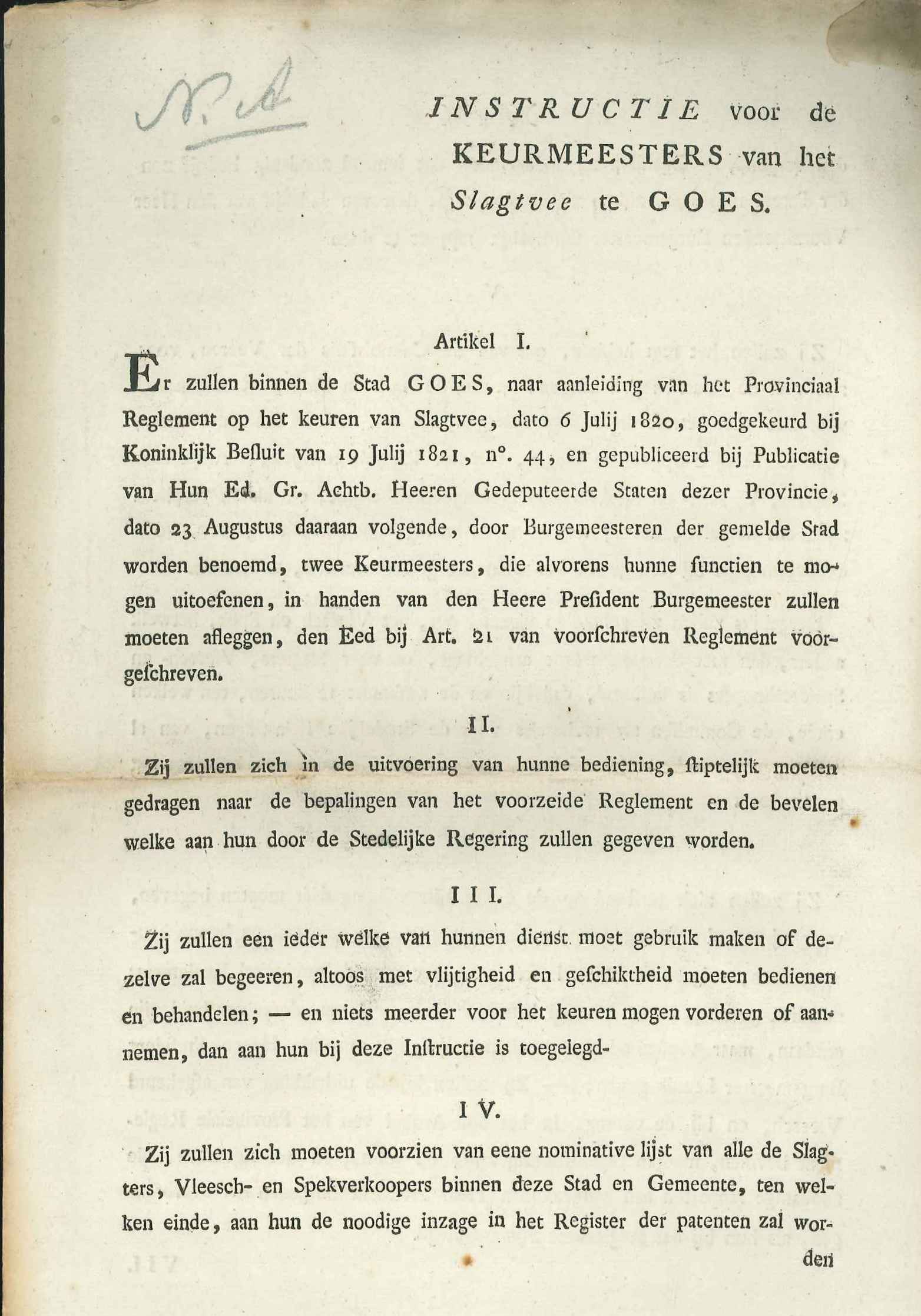 Instructie voor de keurmeesters van het slachtvee, 1821. GAG.ASG.inv.nr. 1991.