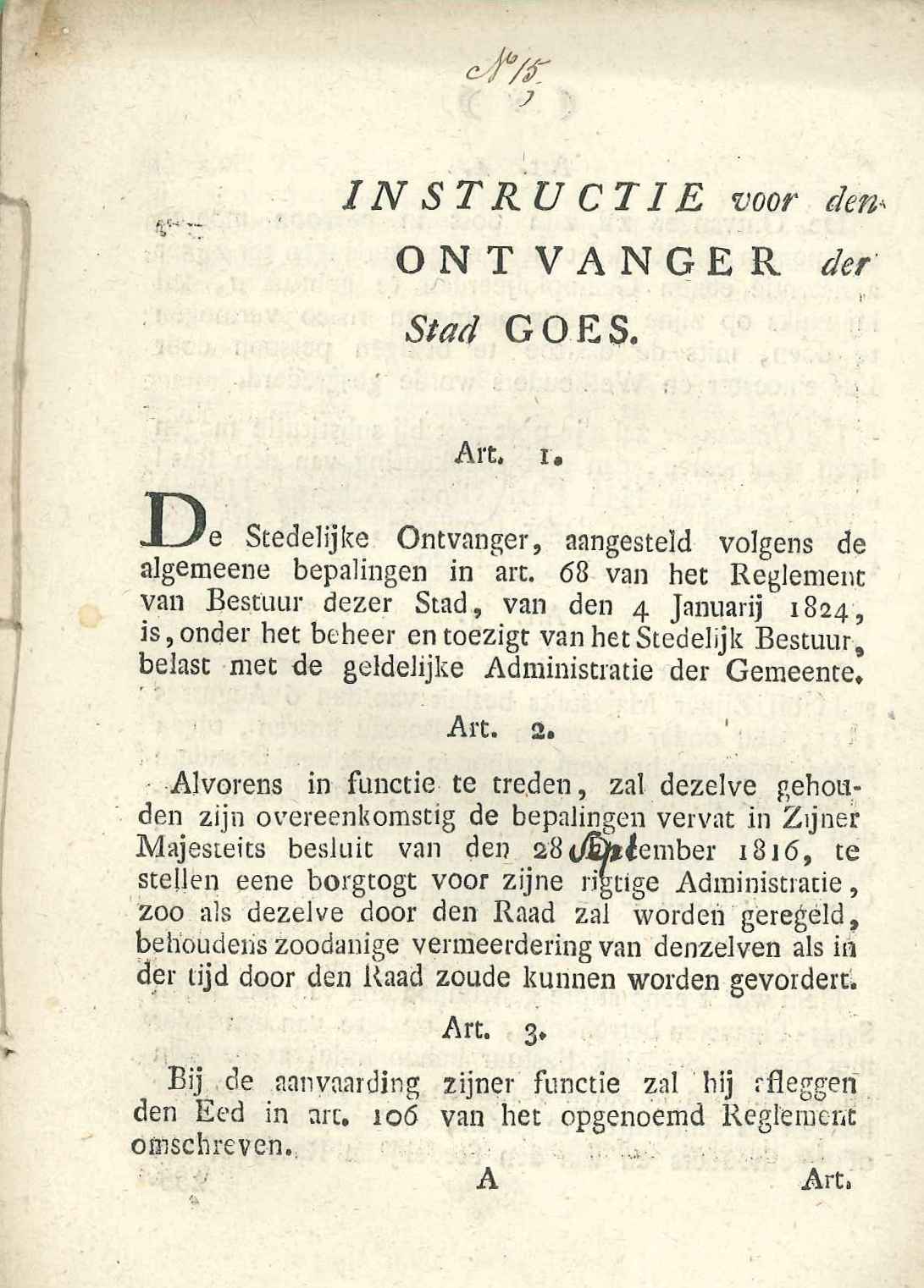 Instructie voor de stadsontvanger, 1825. GAG.ASG.inv.nr. 1080.