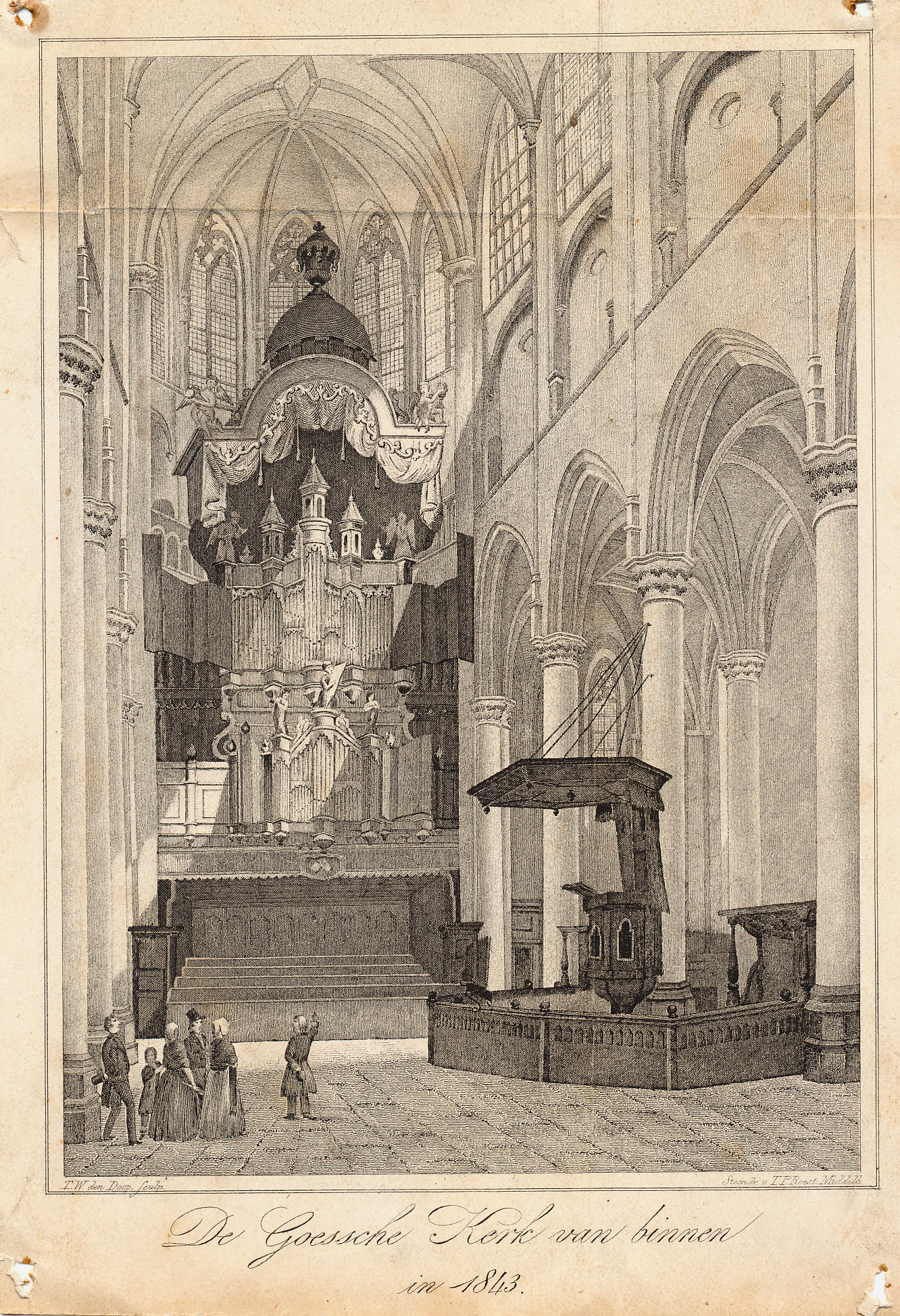 Interieur van de Grote Kerk, door T.W. den Doop, steendruk T.P. Roest Middelburg, 1843. GAG.HTA.