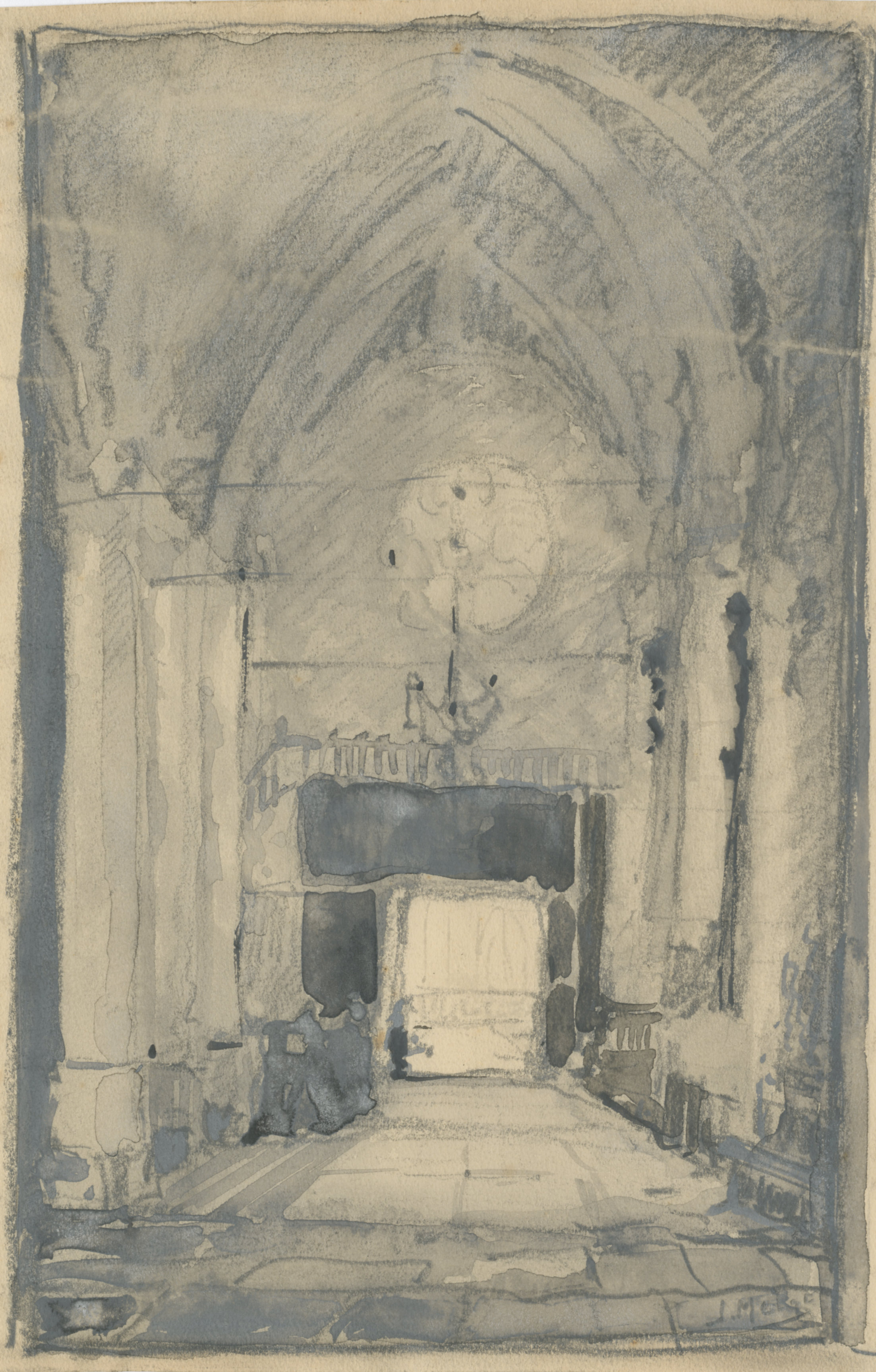 Interieur van de Grote of Maria Magdalenakerk, tekening door J. Melse, ca. 1930.