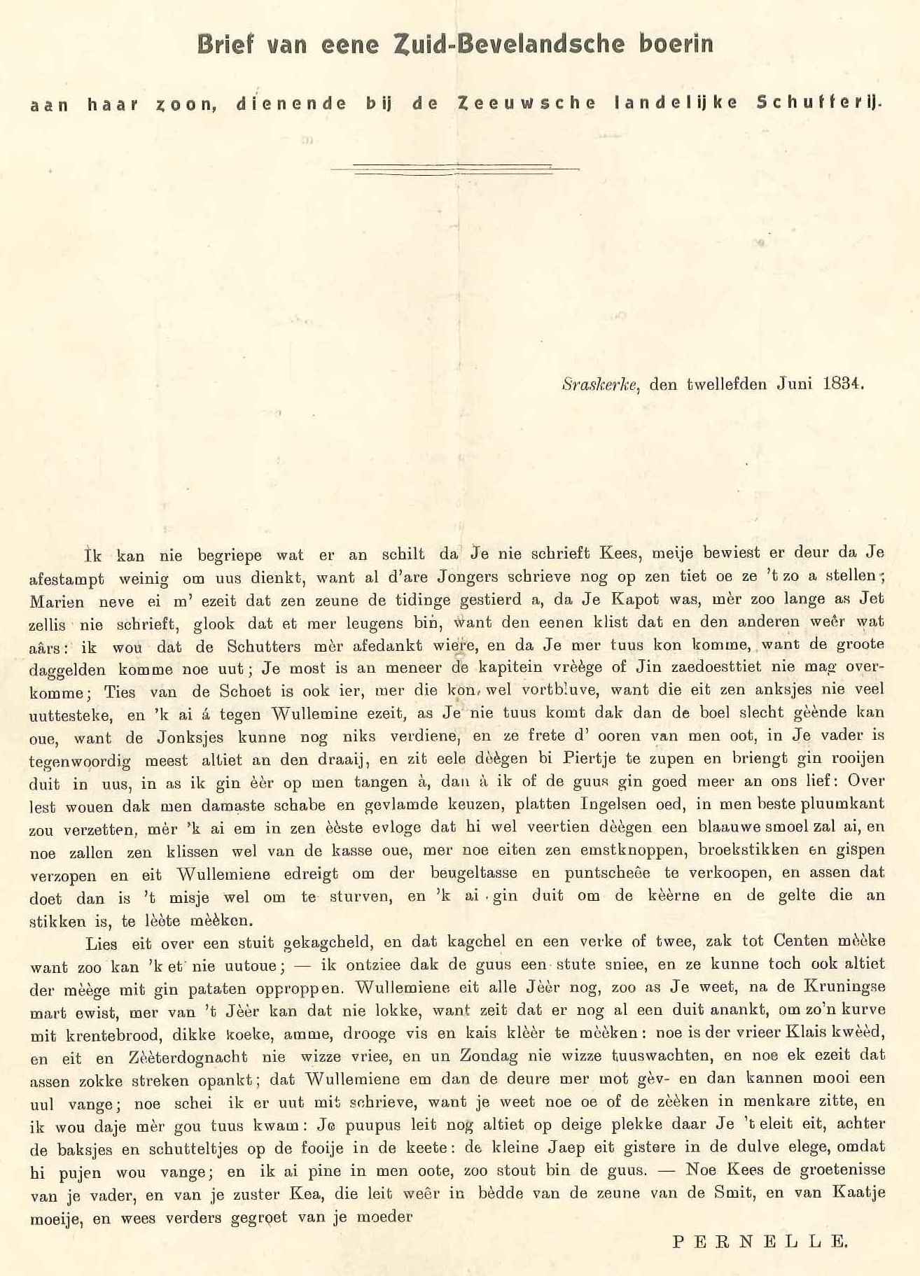 Ironische brief van een moeder uit 's-Heer Arendskerke aan haar zoon in de landstorm, 1834.GAG.HSV.inv.nr. 344.