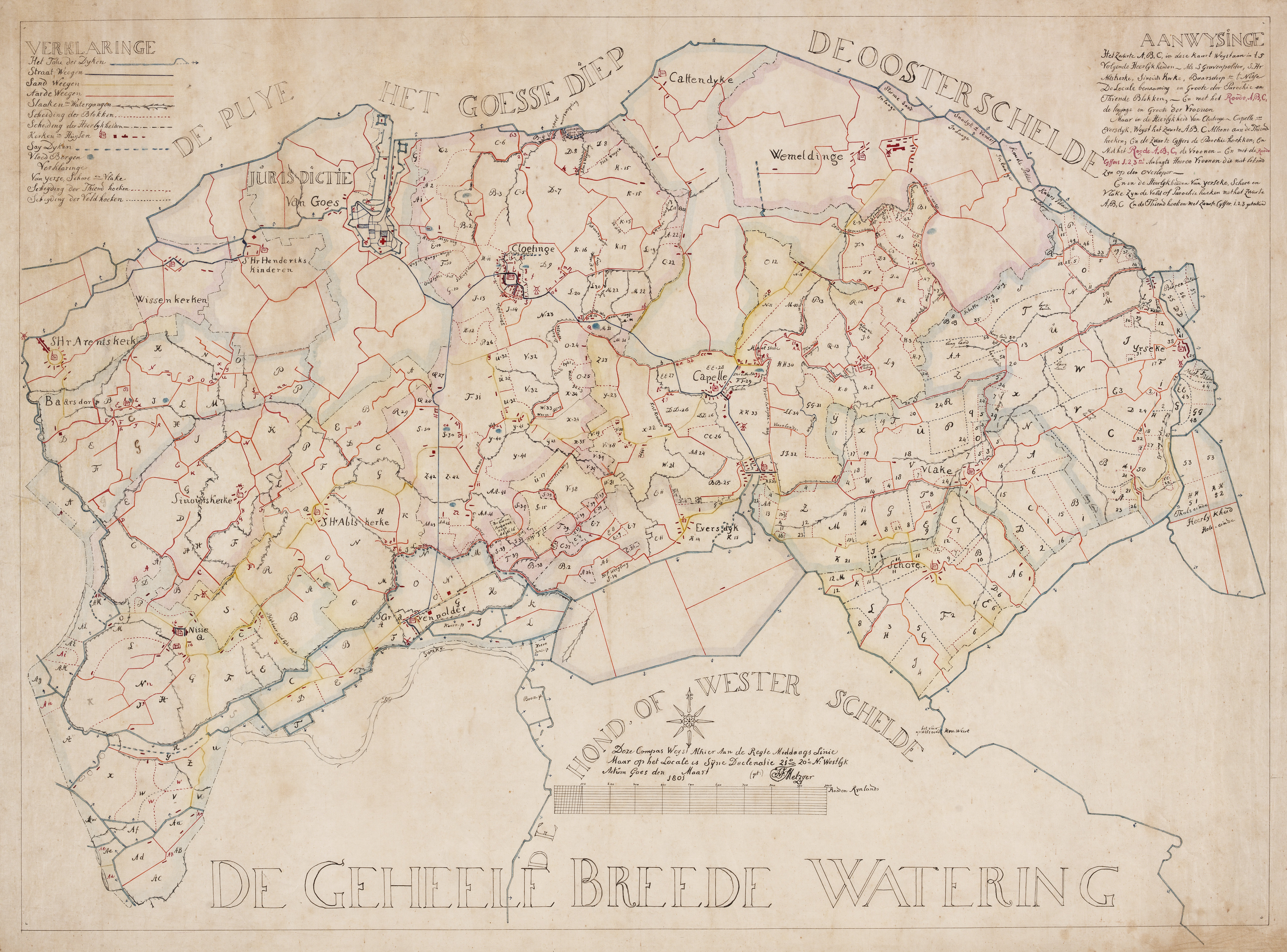 Kaart met de begrenzingen van de heerlijkheden in de Breede Watering Bewesten Yerseke, 1801. 