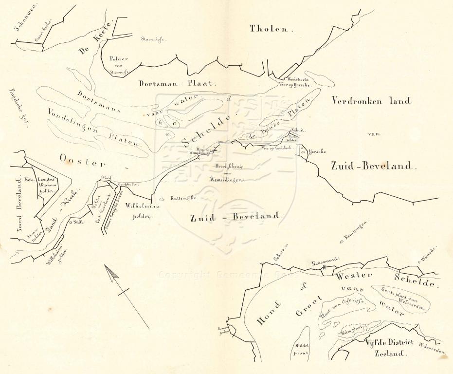 Kaart met een alternatief voor een kanaal door Zuid-Beveland, door de K.v.Koophandel te Goes, 1857. GAG.AGG.inv.nr. 200, nr. 199.