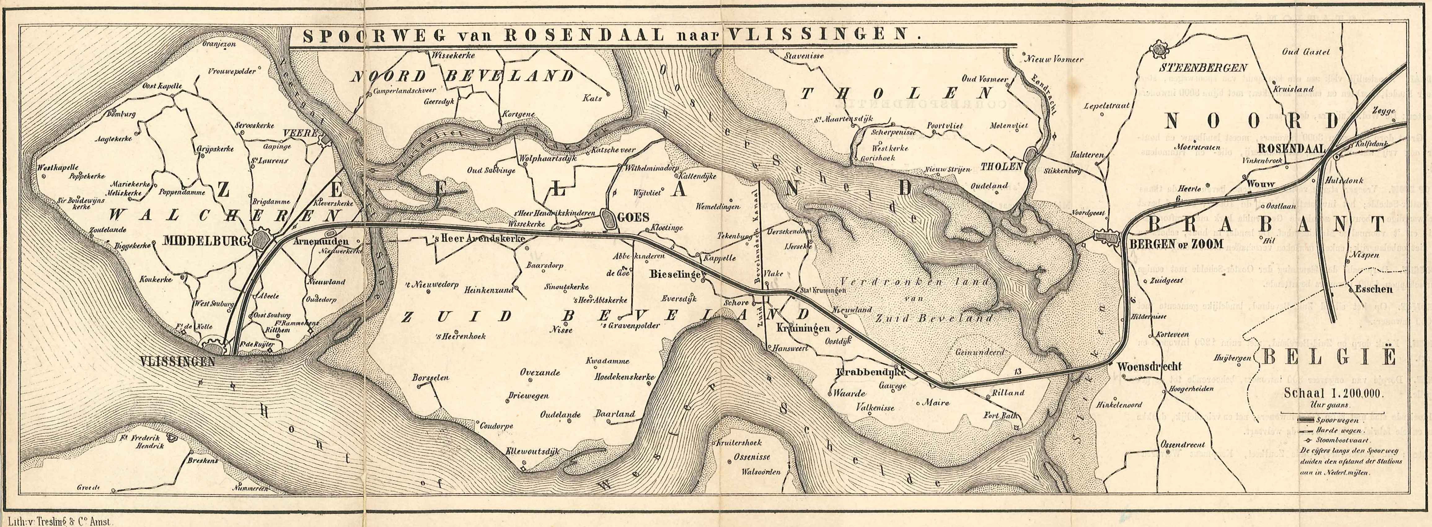Kaart van de aan te leggen spoorlijn door Zuid-Beveland en Walcheren, 1865. GAG.HB.