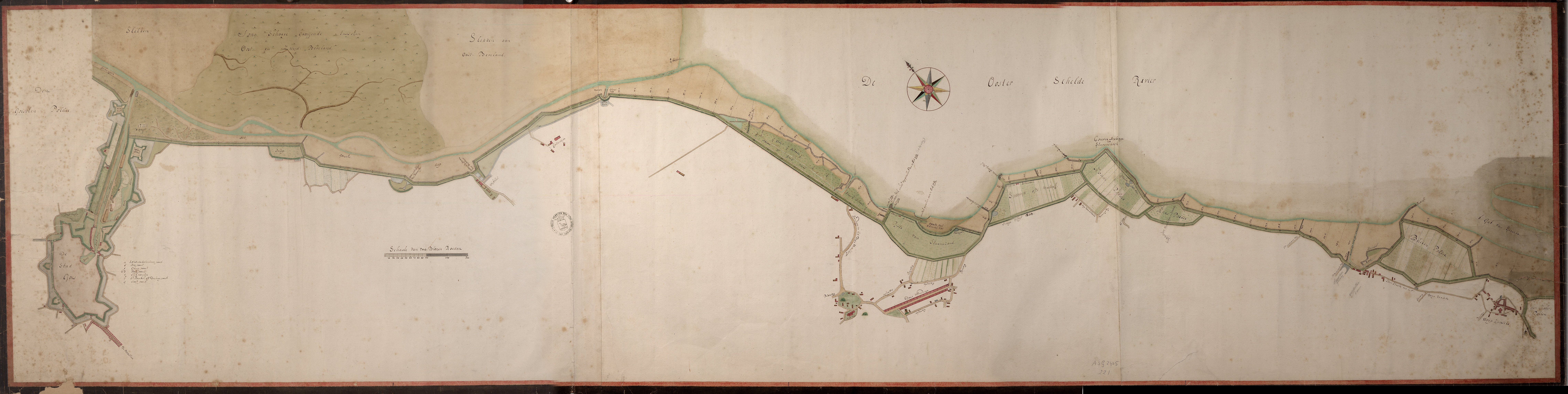 Kaart van de kustlijn van Goes tot Yerseke, eind 18e eeuw.