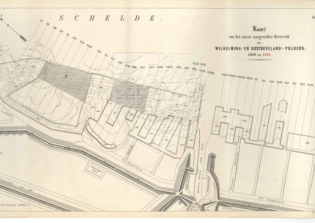 Zoeken Zoeken    Kaart van de oeververdediging van de Wilhelminapolder, uit het rapport van de Raad van de Waterstaat, Den Haag 1862. GAG.HB.