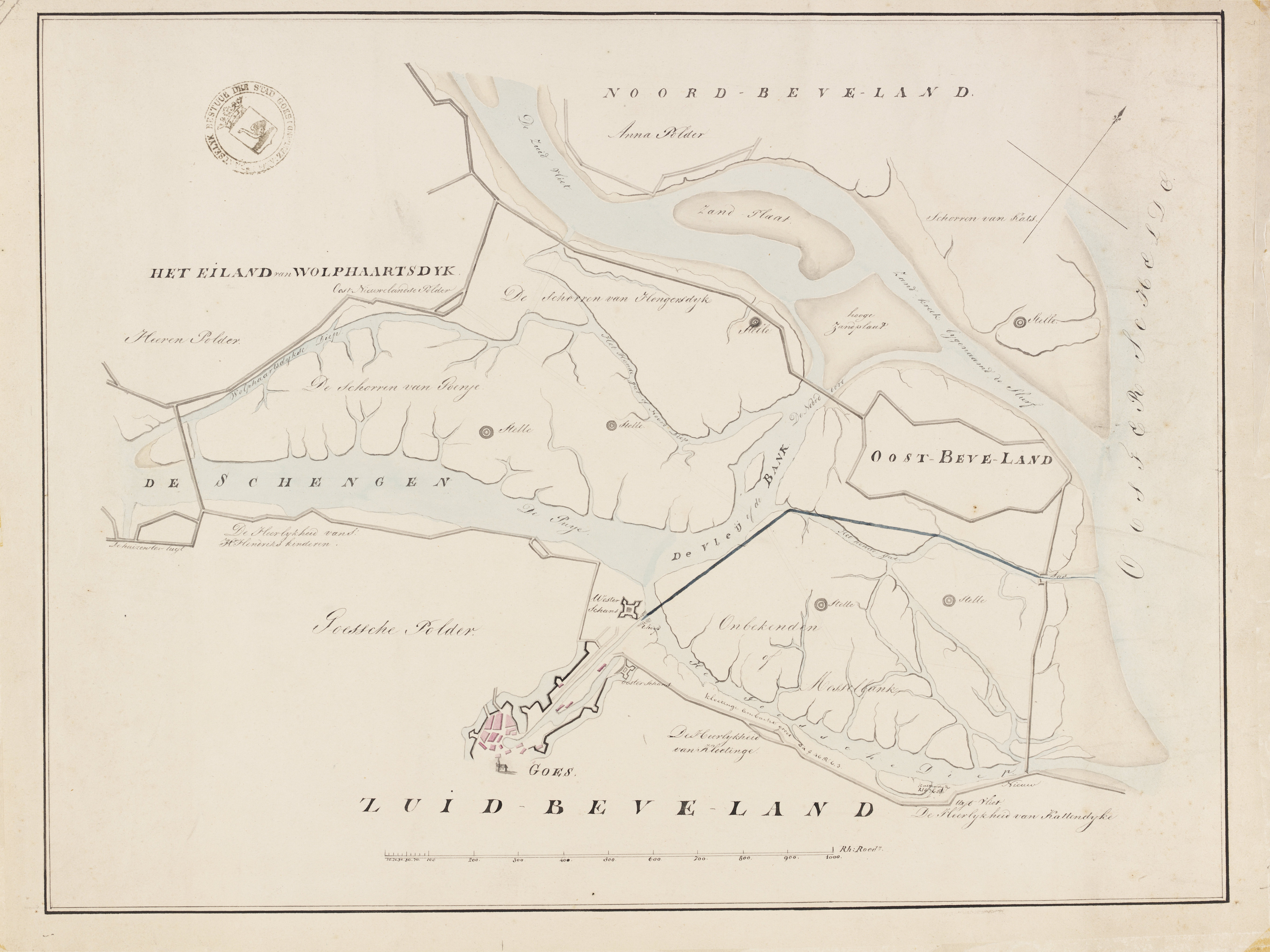 Kaart van de schorren ten noorden van Goes, met voorgestelde inpolderingen, 1809.
