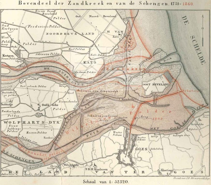 Kaart van inpolderingen ten noorden van Goes, 1751-1860, uit het rapport van de Raad van de Waterstaat, Den Haag 1862. GAG.HB.