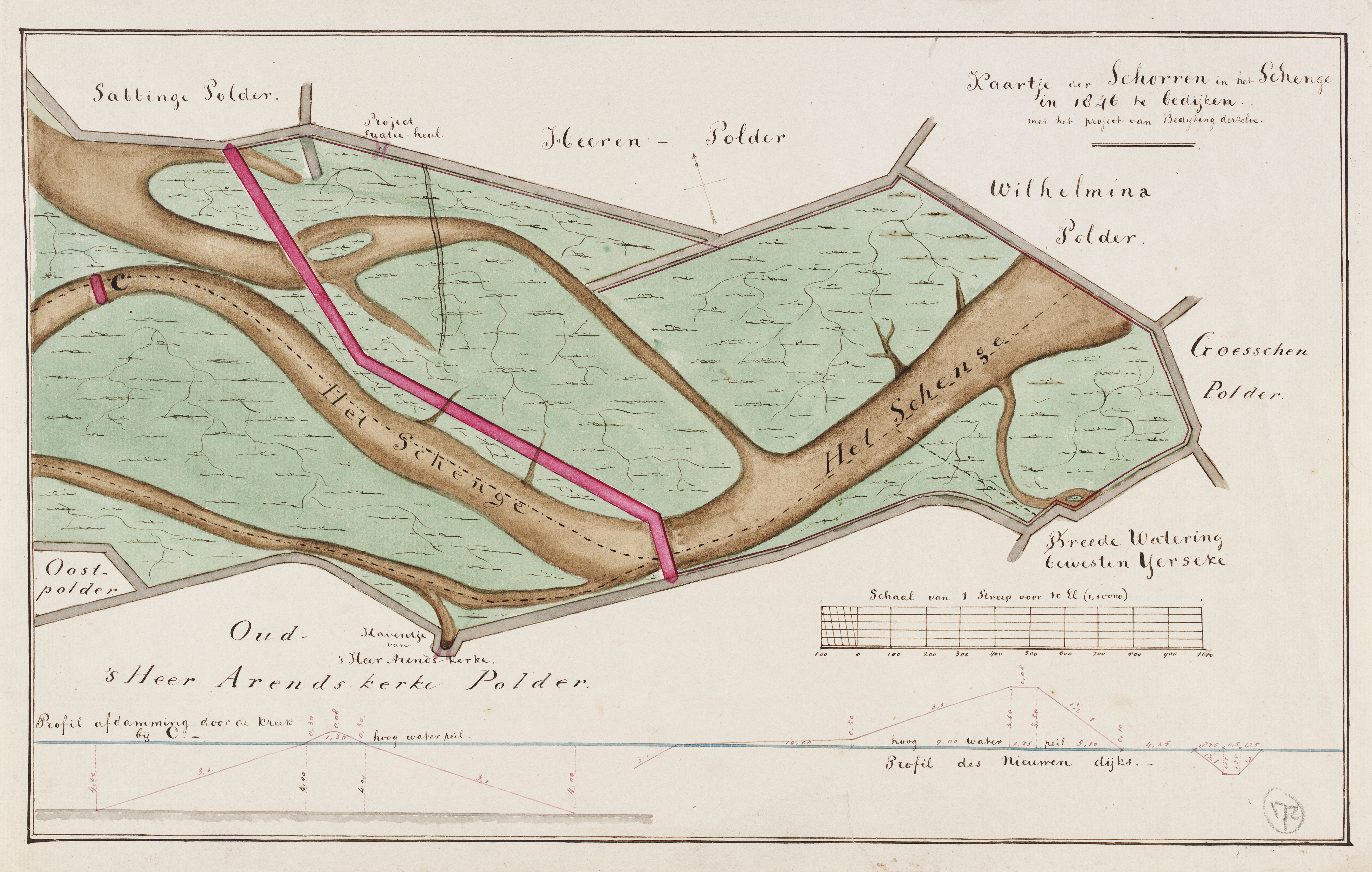 Kaart van de schorren bij de Schenge tussen Zuid-Beveland en 's-Heer Arendskerke, 1845.