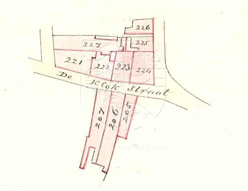 Kadastrale schets van hoek Klokstraat-Lange Kerkstraat 81, bakker H. de Jonge, 1859. GAG.AGG.inv.nr. 222, nr. 59.