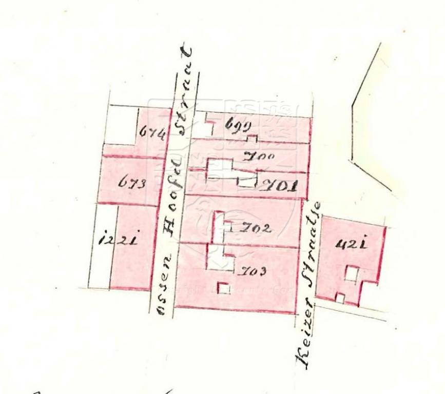 Kadastrale schets van sectie D 701 aan de Ossenhoofdstraat van G. le Cointre, 1858. GAG.AGG.inv.nr. 220, nr. 951.