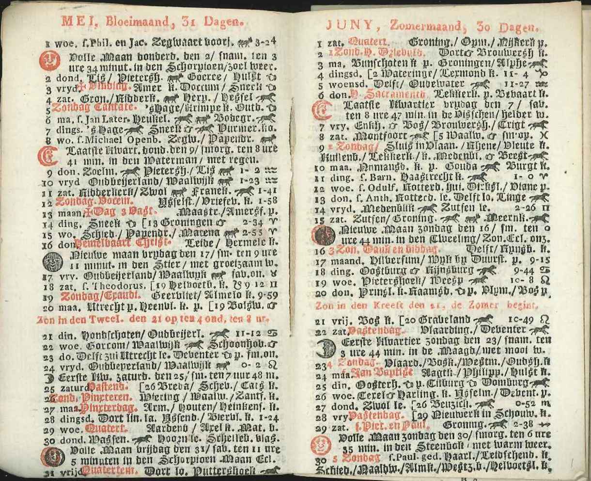 Kalender in de Goesschen Almanak met diverse markten, 1844. GAG.HB_.