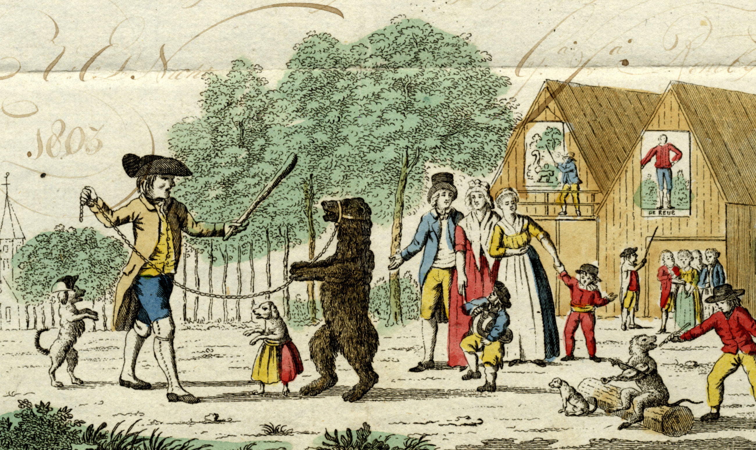 Kermisvermaak, detail van een gedrukte nieuwjaarswens van G.J. Rembges, 1803.