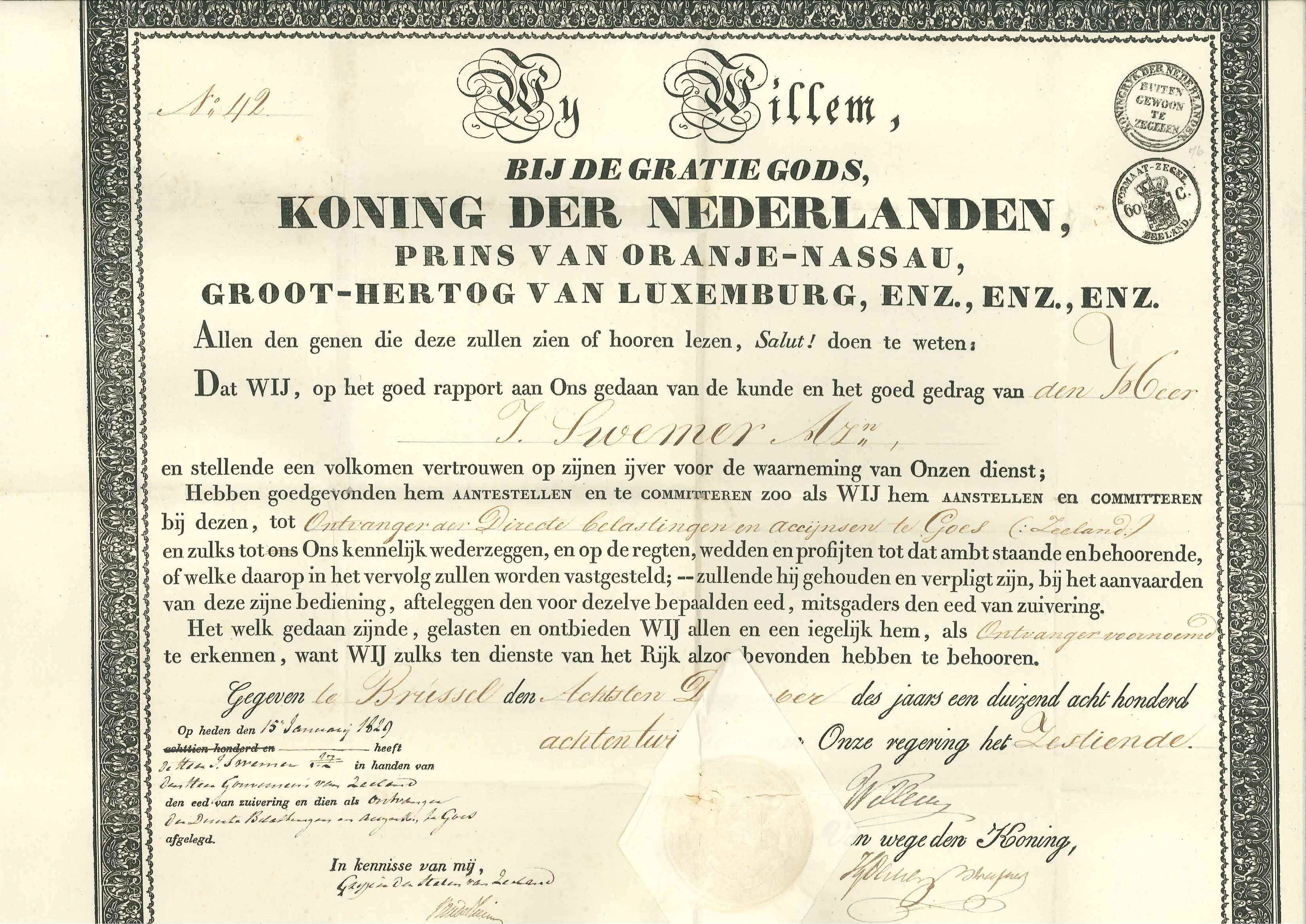 Koninklijke aanstelling van J. Swemer Azn als ontvanger van Goes, 1828. GAG.Fam.arch. Swemer.