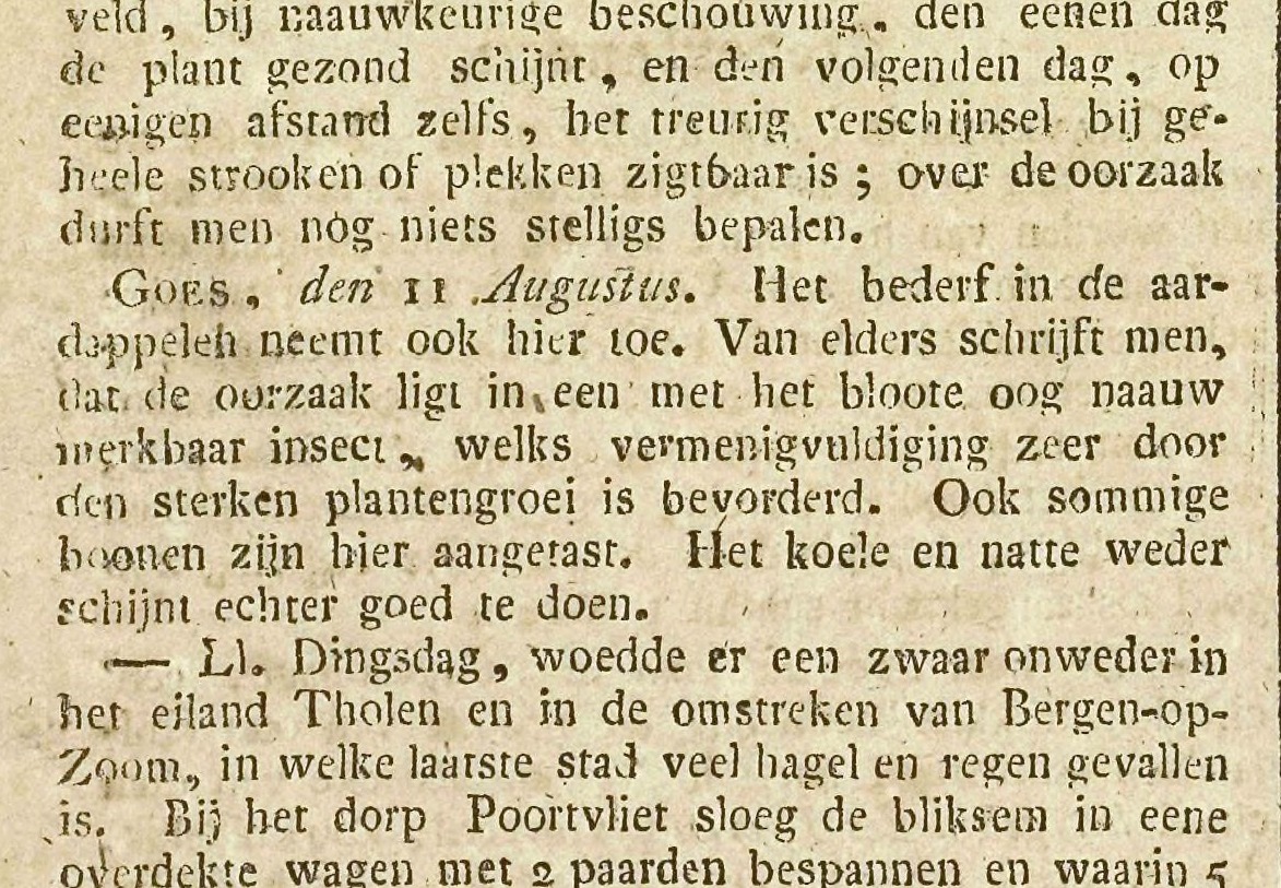 Krantenartikel over de aardappelziekte te Goes, Goessche Courant, 11 augustus 1845.