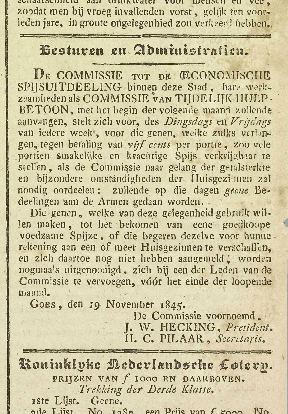  Krantenartikel over de oprichting van de commissie tot spijsuitdeling, Goessche Courant 20 november 1845.