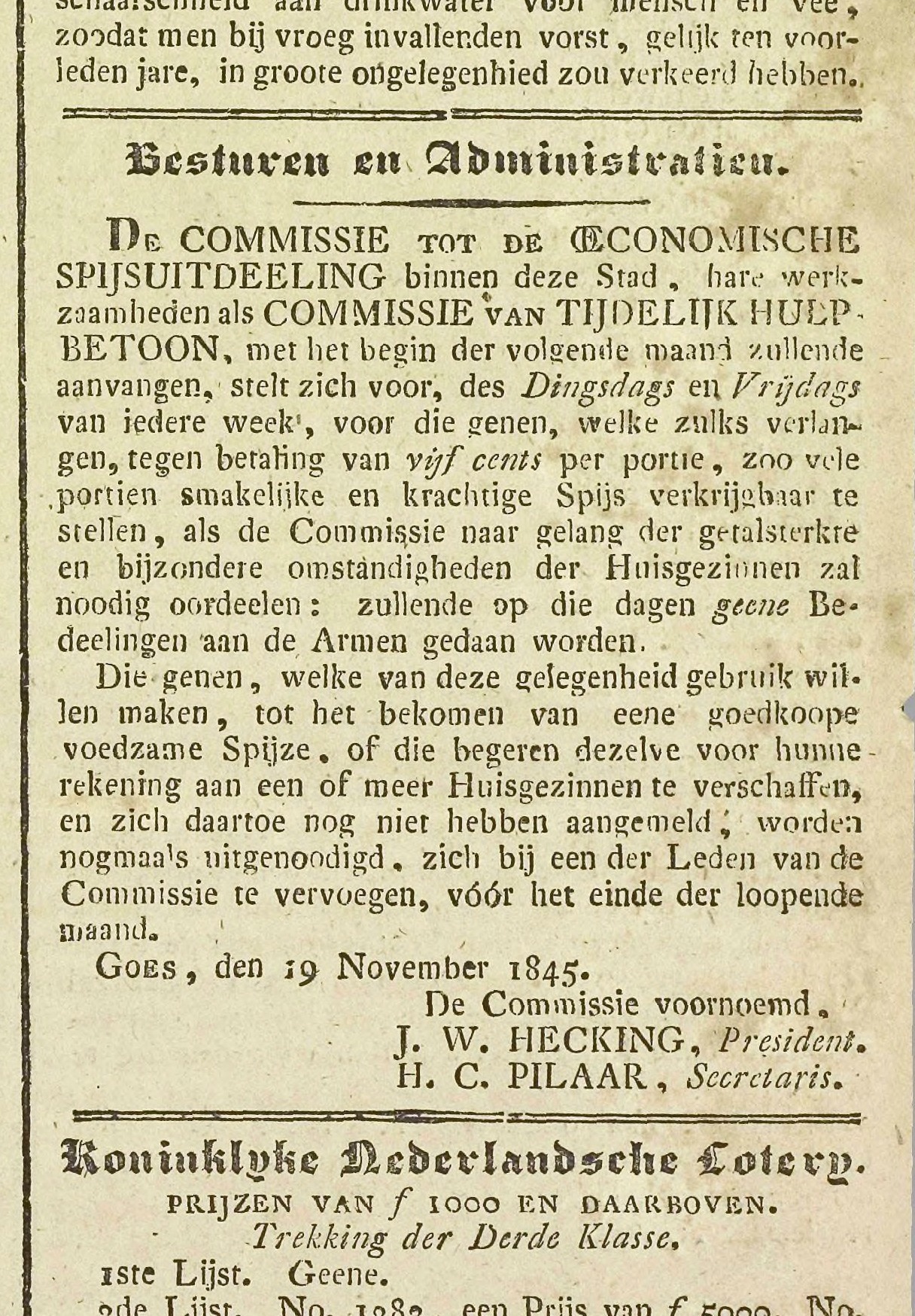 Krantenartikel over de oprichting van de commissie tot spijsuitdeling, Goessche Courant 20 november 1845.