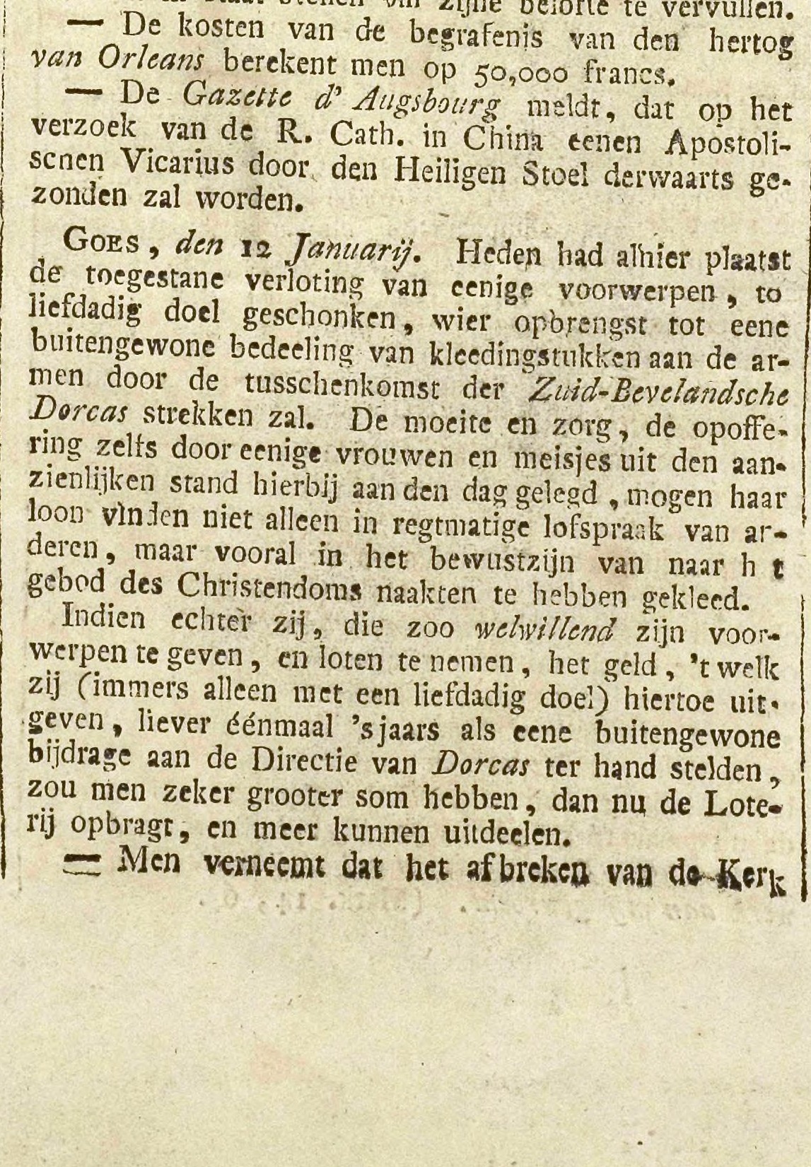 Krantenartikel over een verloting ten behoeve van de armen, Goessche Courant, 16 januari 1843.