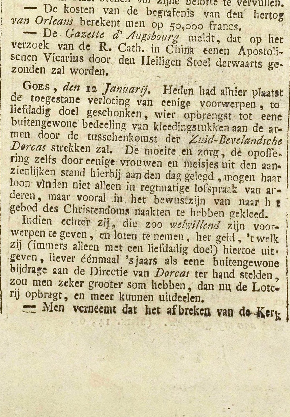 Krantenartikel over een verloting ten behoeve van de armen, Goessche Courant, 16 januari 1843.