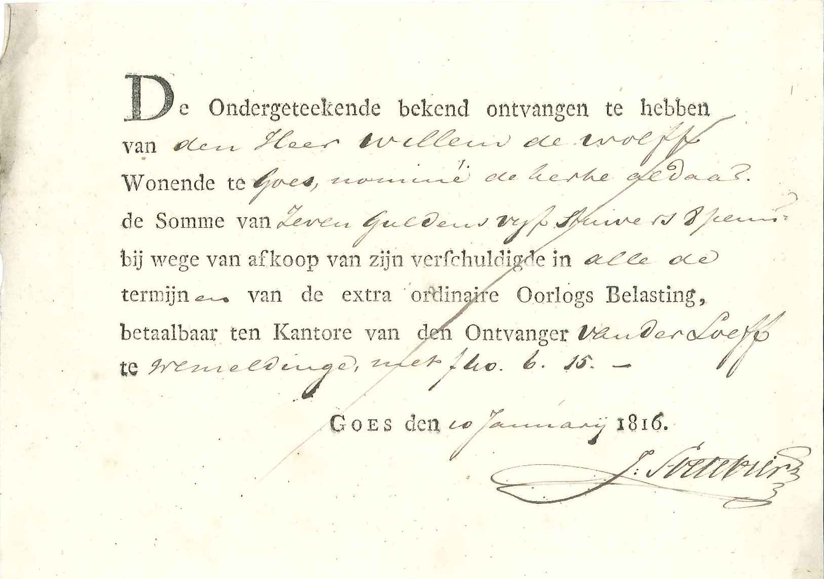 Kwitantie van de betaling door de hervormde kerk van de oorlogsbelasting, 1816.