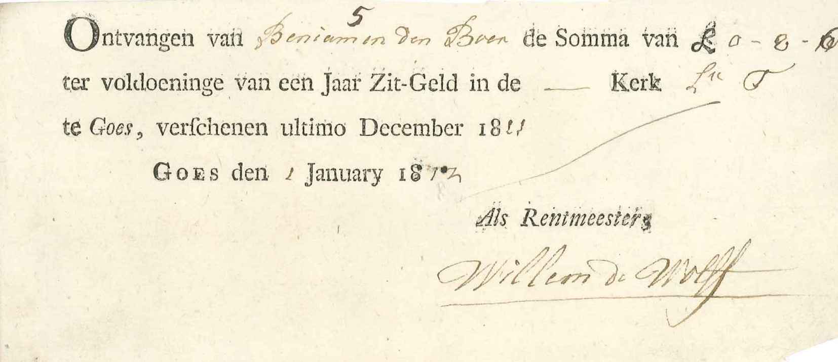 Kwitantie voor ontvangen zitgeld van Benjamin den Boer, 1811.