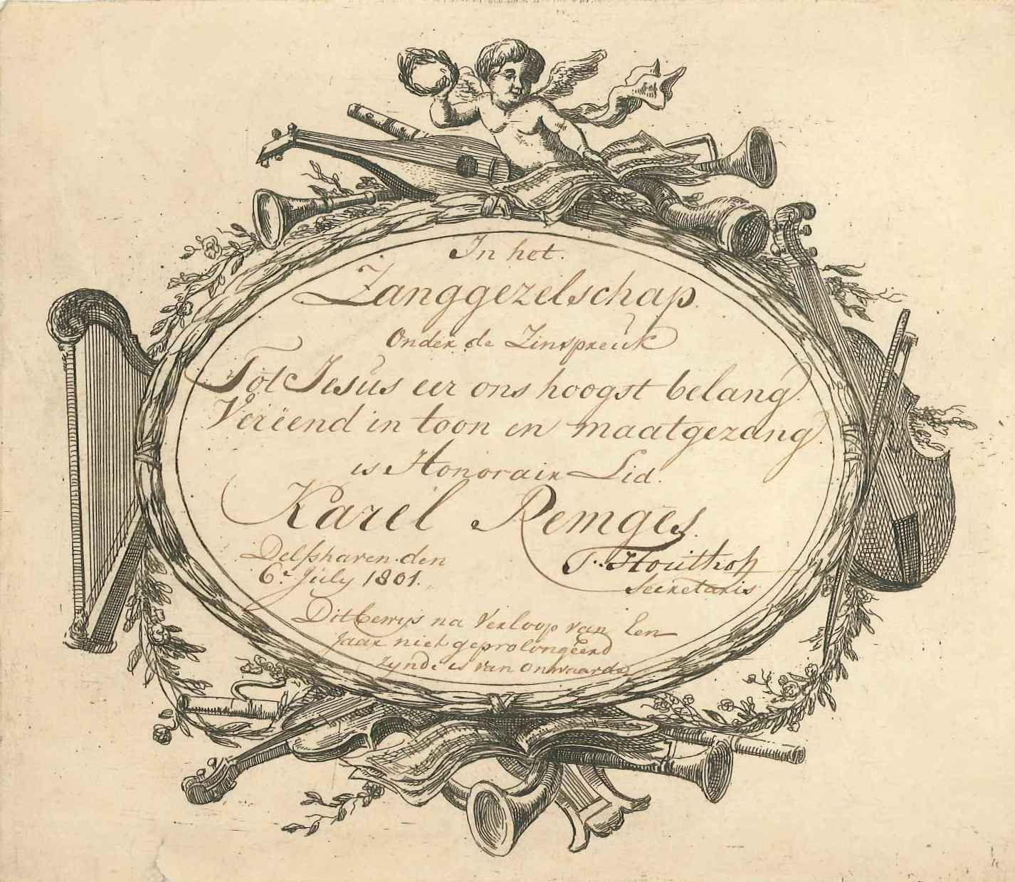 Lidmaatschapsbewijs van Karel Rembges van het zanggezelschap te Delfshaven, 1801.