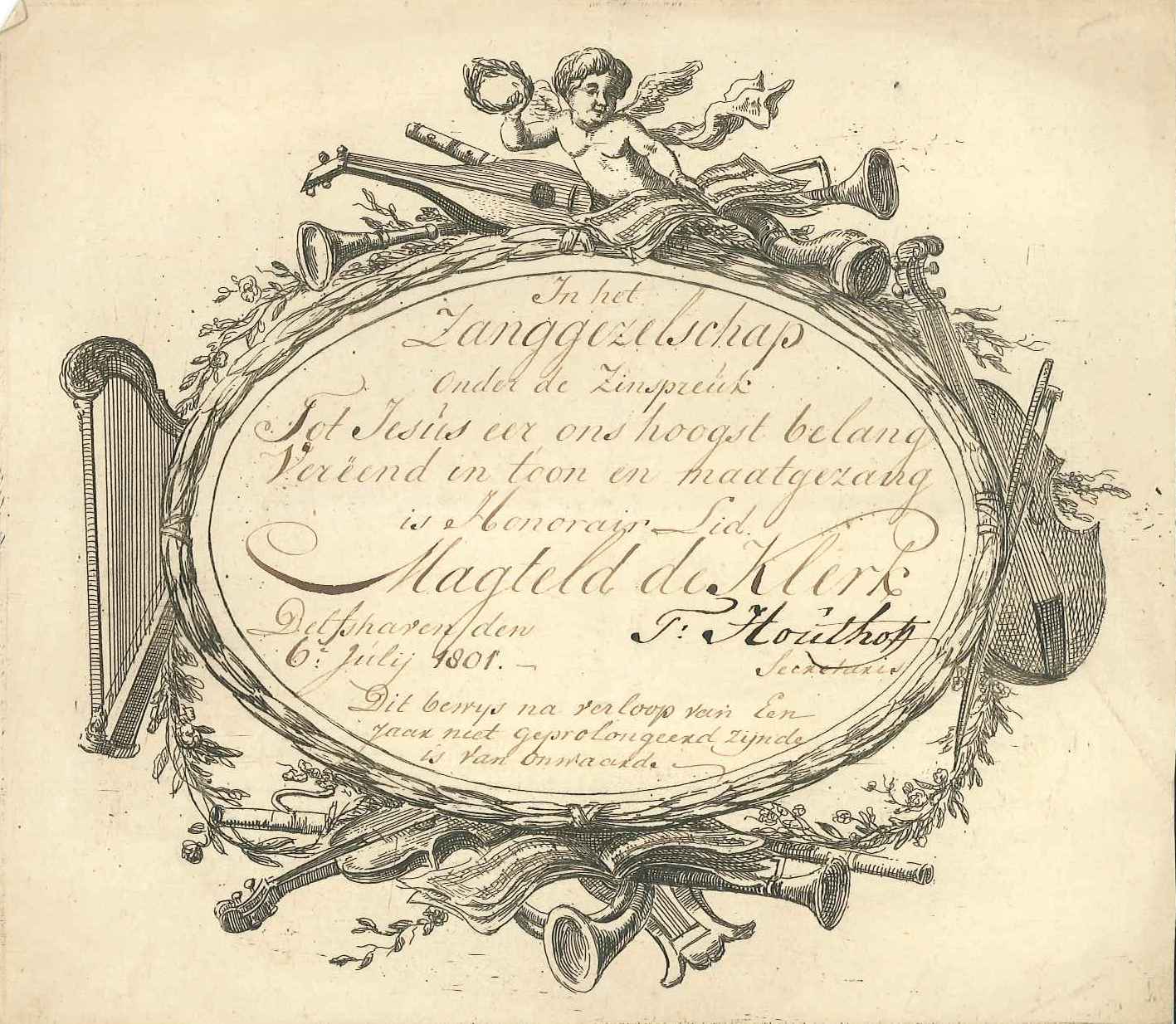 Lidmaatschapsbewijs van Magteld de Klerk van het zanggezelschap te Delfshaven, 1801.