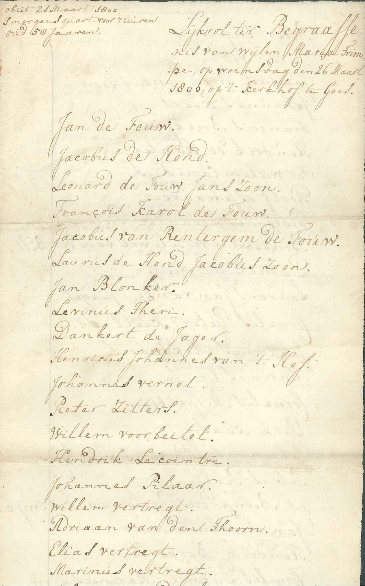Lijkrol van de aanwezigen bij de begrafenis van Maria Trimpe, 26 mrt 1800.