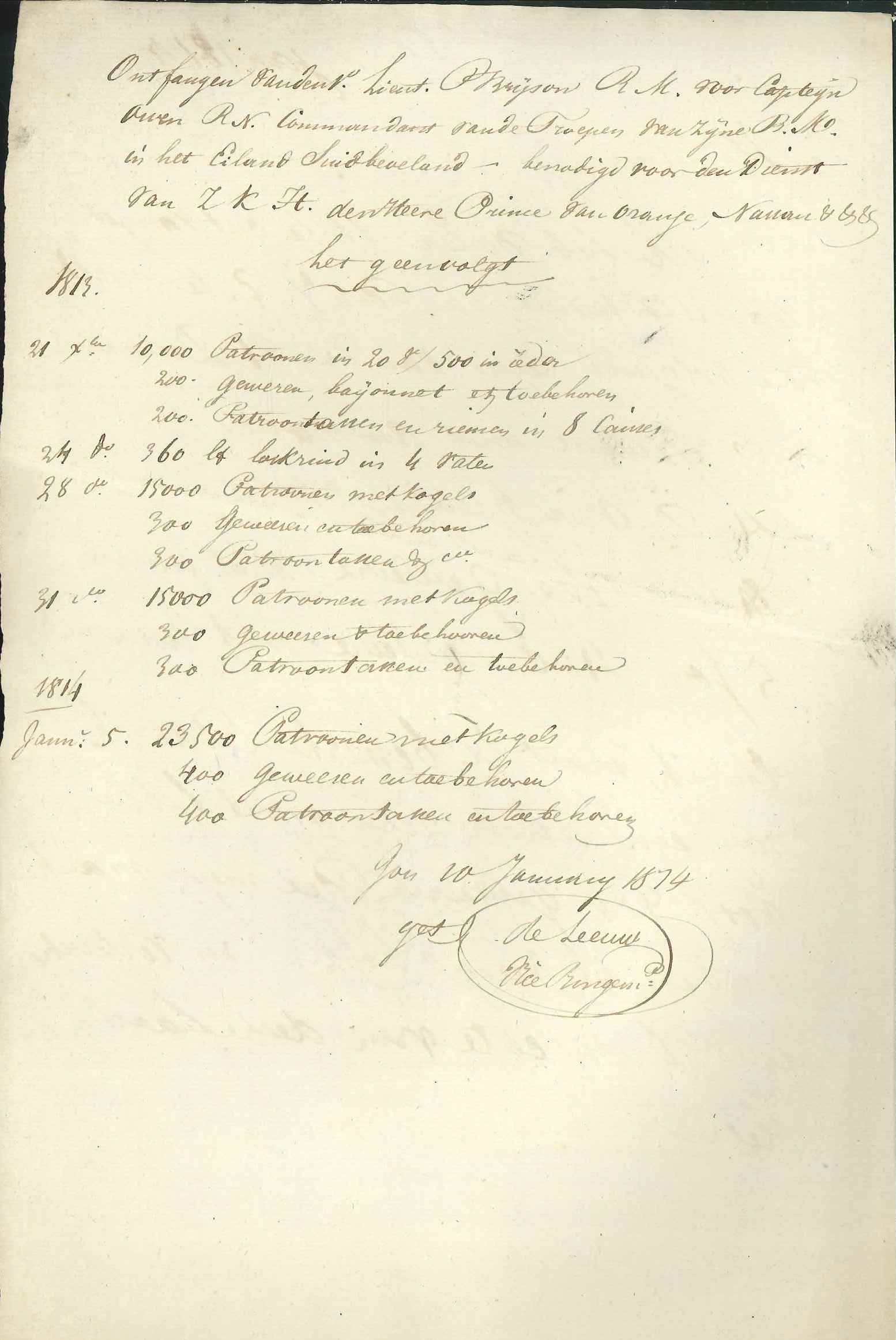Lijst van  ontvangen geweren en munitie van de Engelsen, 1814.