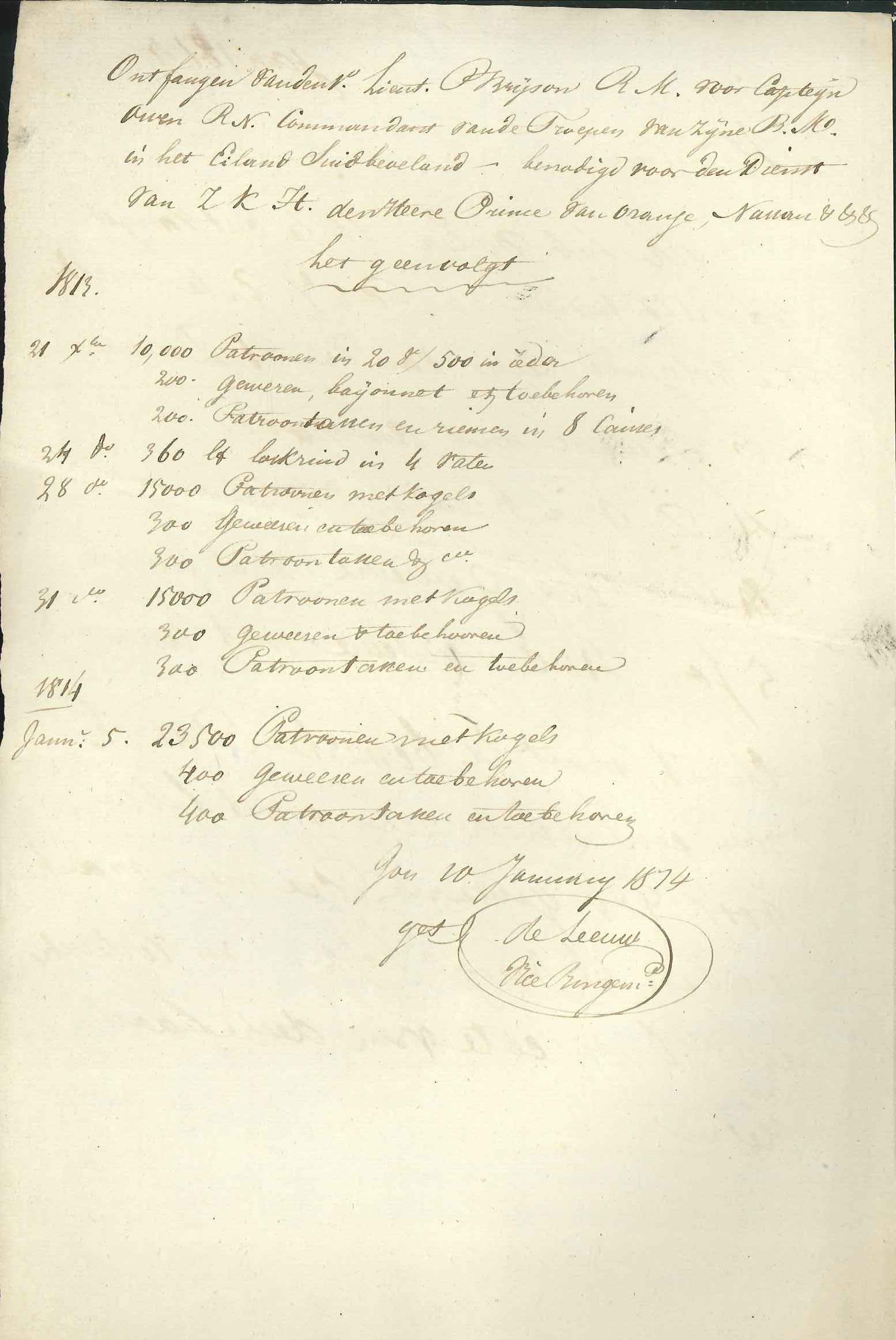 Lijst van ontvangen geweren en munitie van de Engelsen, 1814.