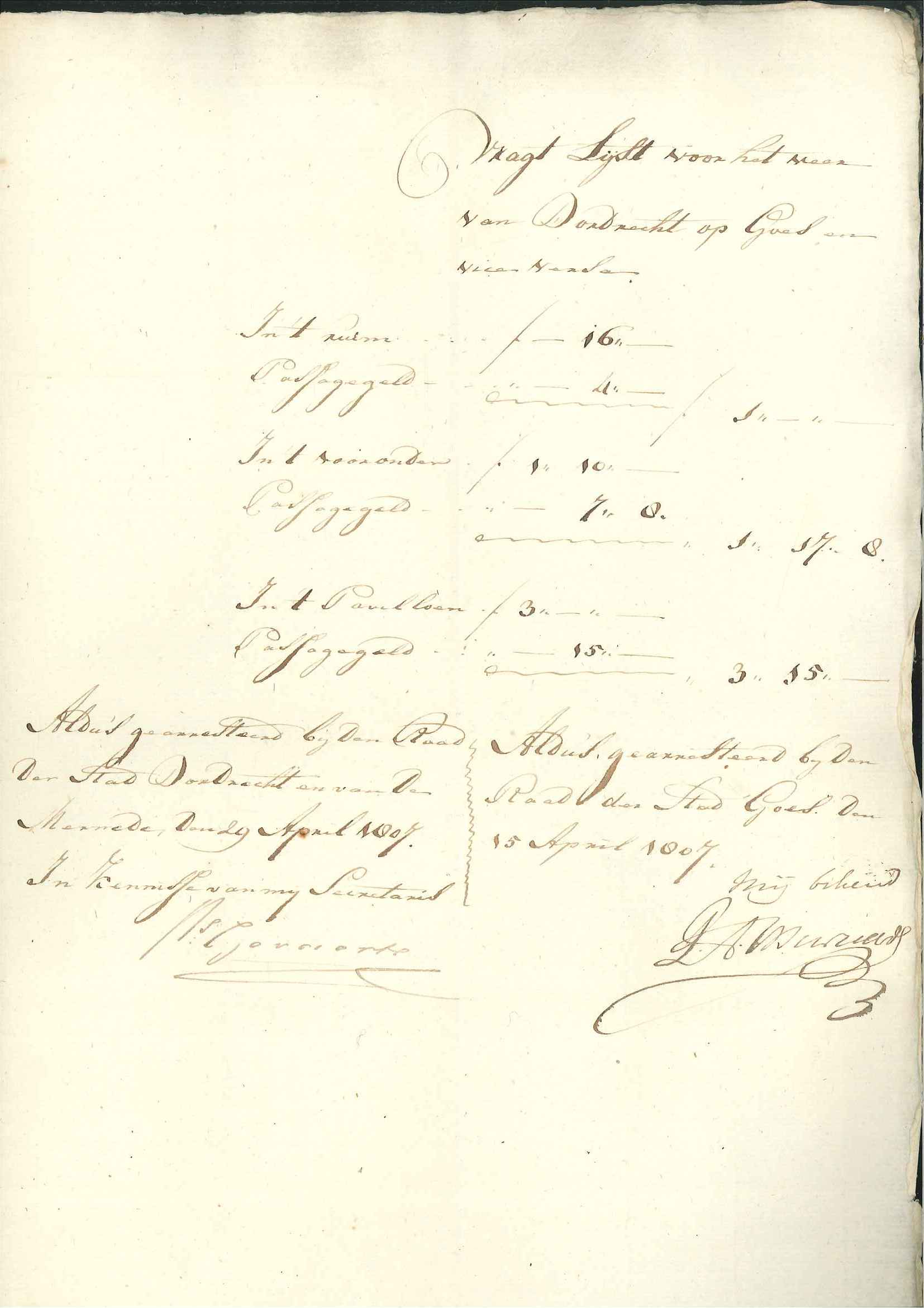 Lijst van de vrachttarieven van de beurtvaart op Dordrecht, 1807.
