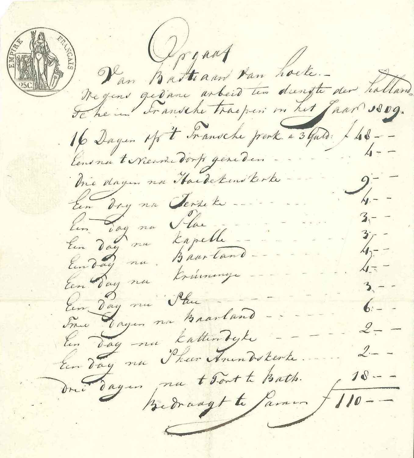 Lijst van geleverde wagendiensten door Bastiaan van Hoeke, 1809.