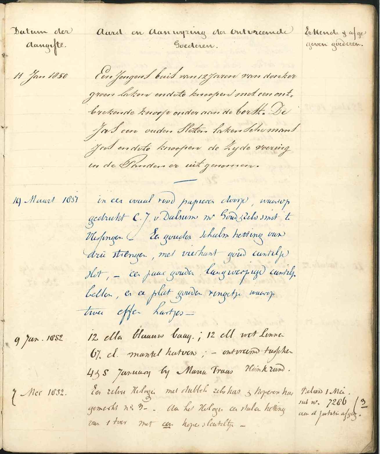 Lijst van gestolen goederen uit de bank van lening, 1850-1853. GAG.Arch.Bank,inv.nr. 89.