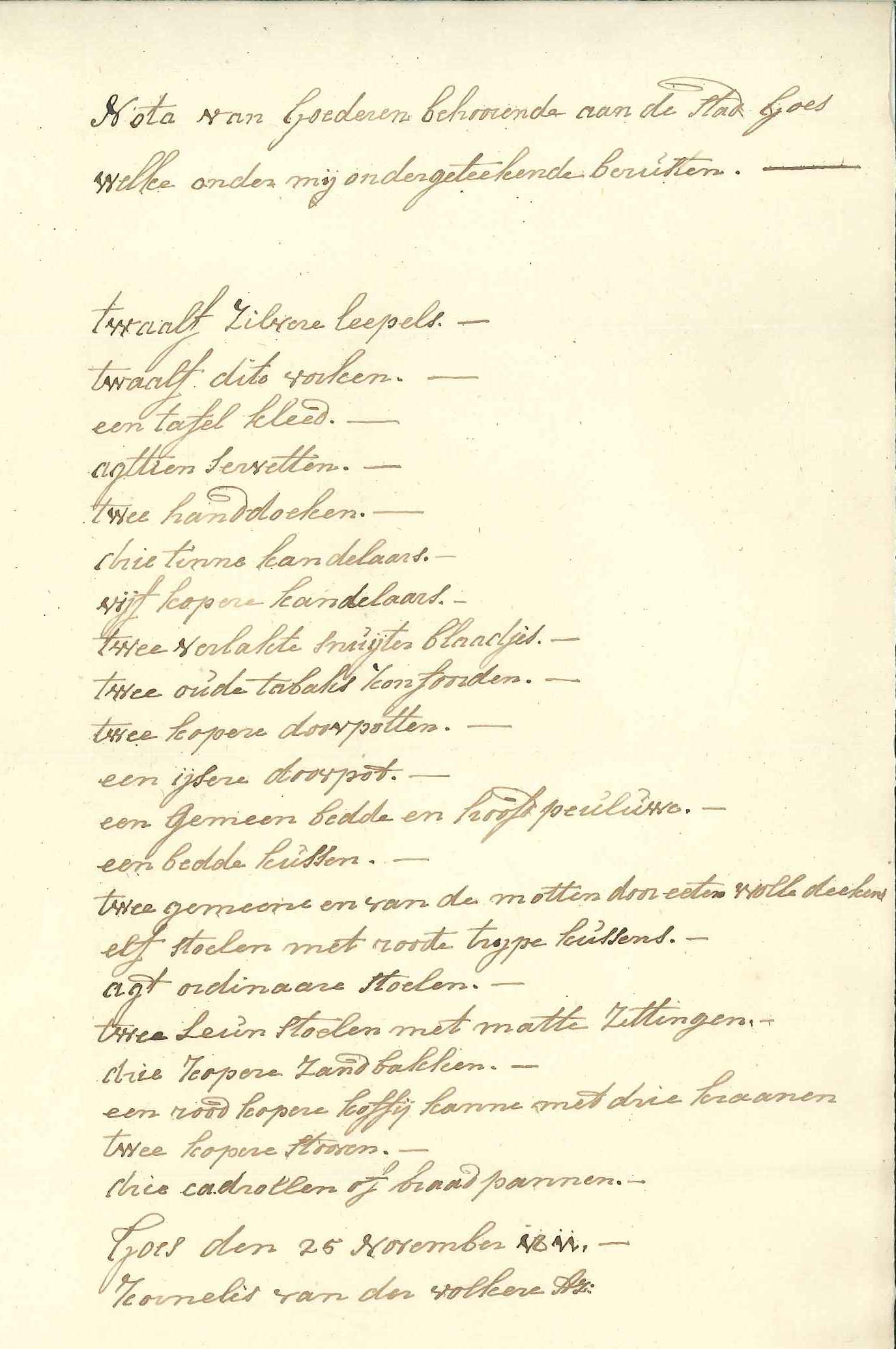 Lijst van goederen die de concierge van het stadhuis in beheer heeft, 1811.