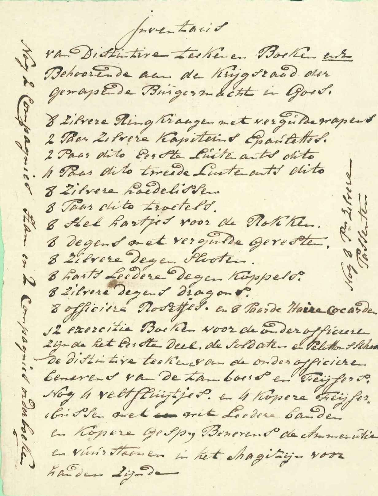 Lijst van onderscheidingstekens etc. van de burgerwacht, ca. 1810.