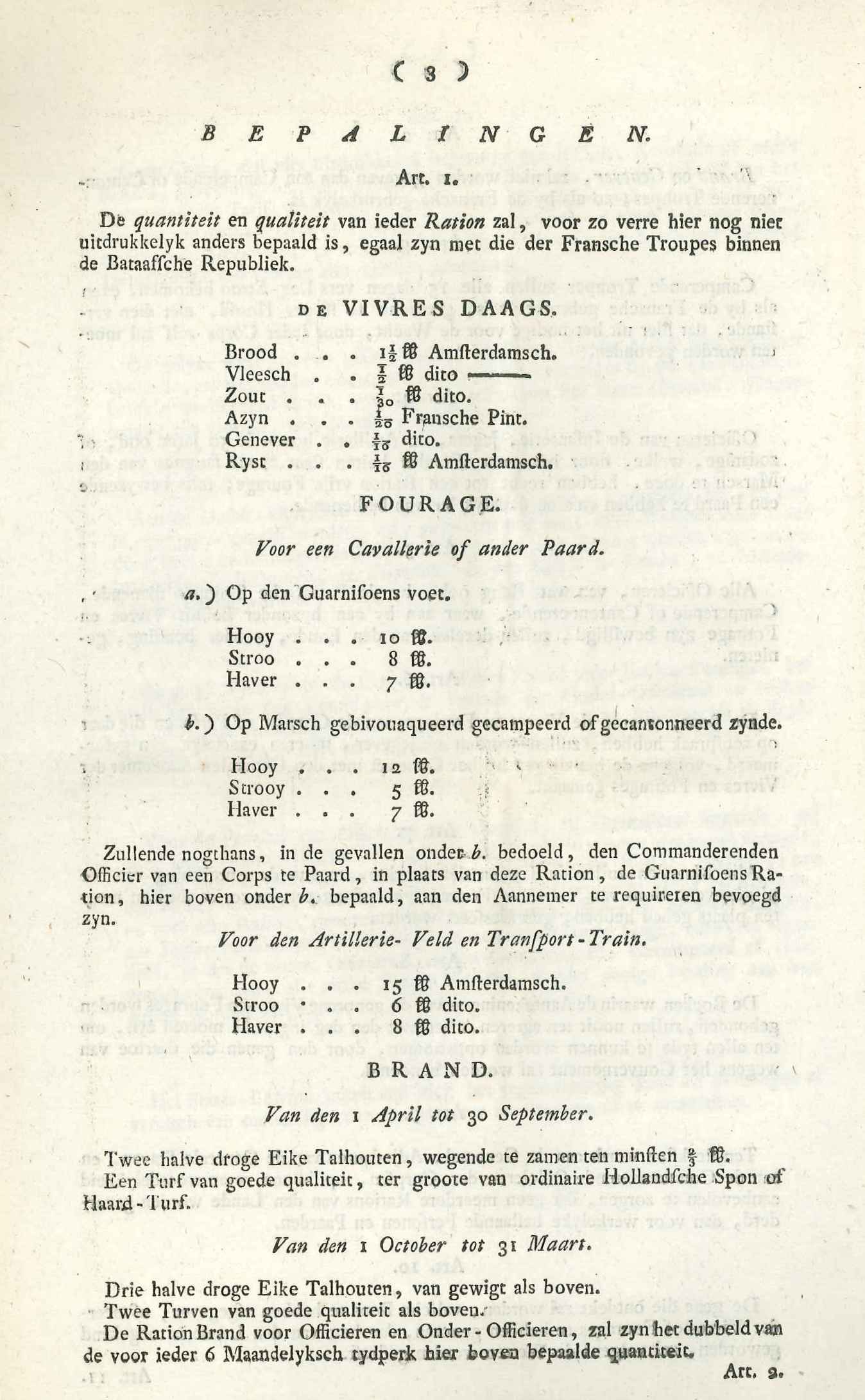 Lijst van rantsoenen voor het Bataafse leger, 1806.