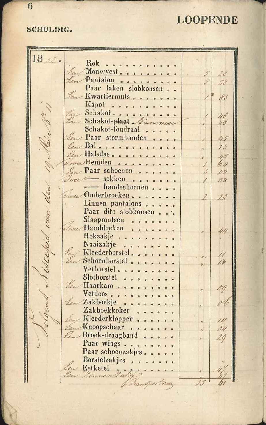 Lijst van uitrustingsstukken van fuselier Benjamin den Boer, 1852. GAG.Hsv.inv.nr. 490.