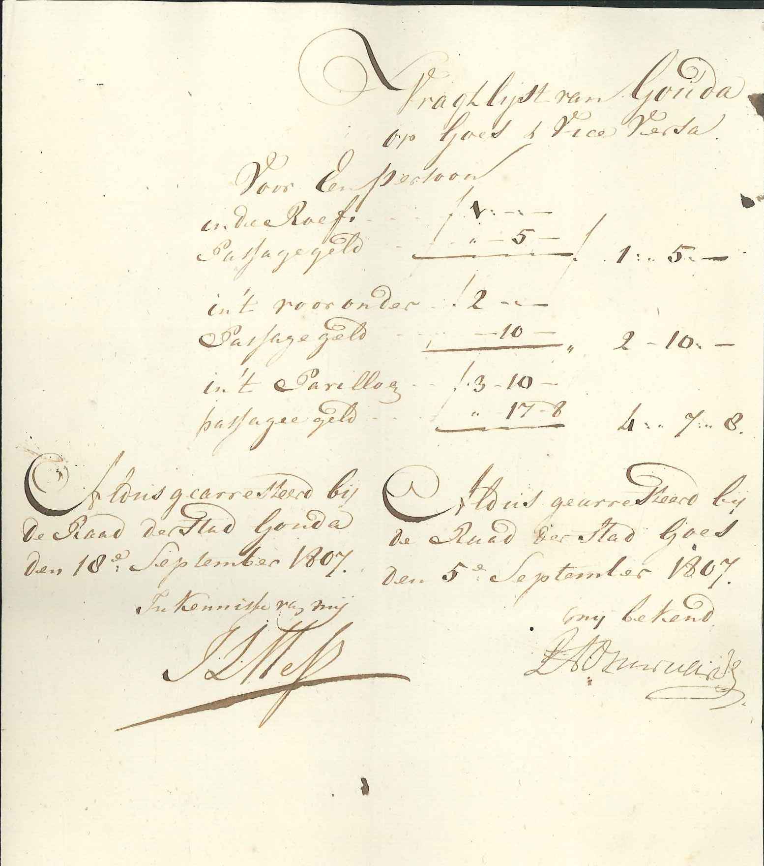 Lijst van vrachttarieven van de beurtvaart op Gouda, 1807.