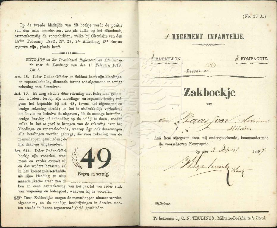 Militair zakboekje van Marinus van Paassen, geb. Goes 1837, overleden in 1857 na 2 maanden dienst. GAG.HSV.inv.nr. 489.