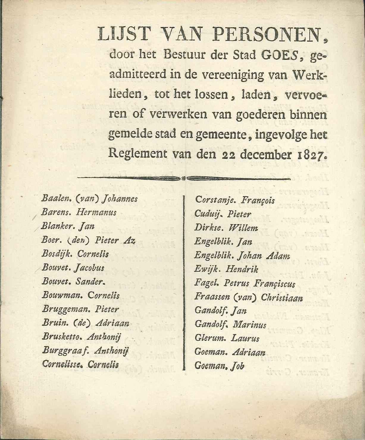 Naamlijst van leden van de werkliedenvereniging, 1827.  GAG.ASG.inv.nr. 2486.