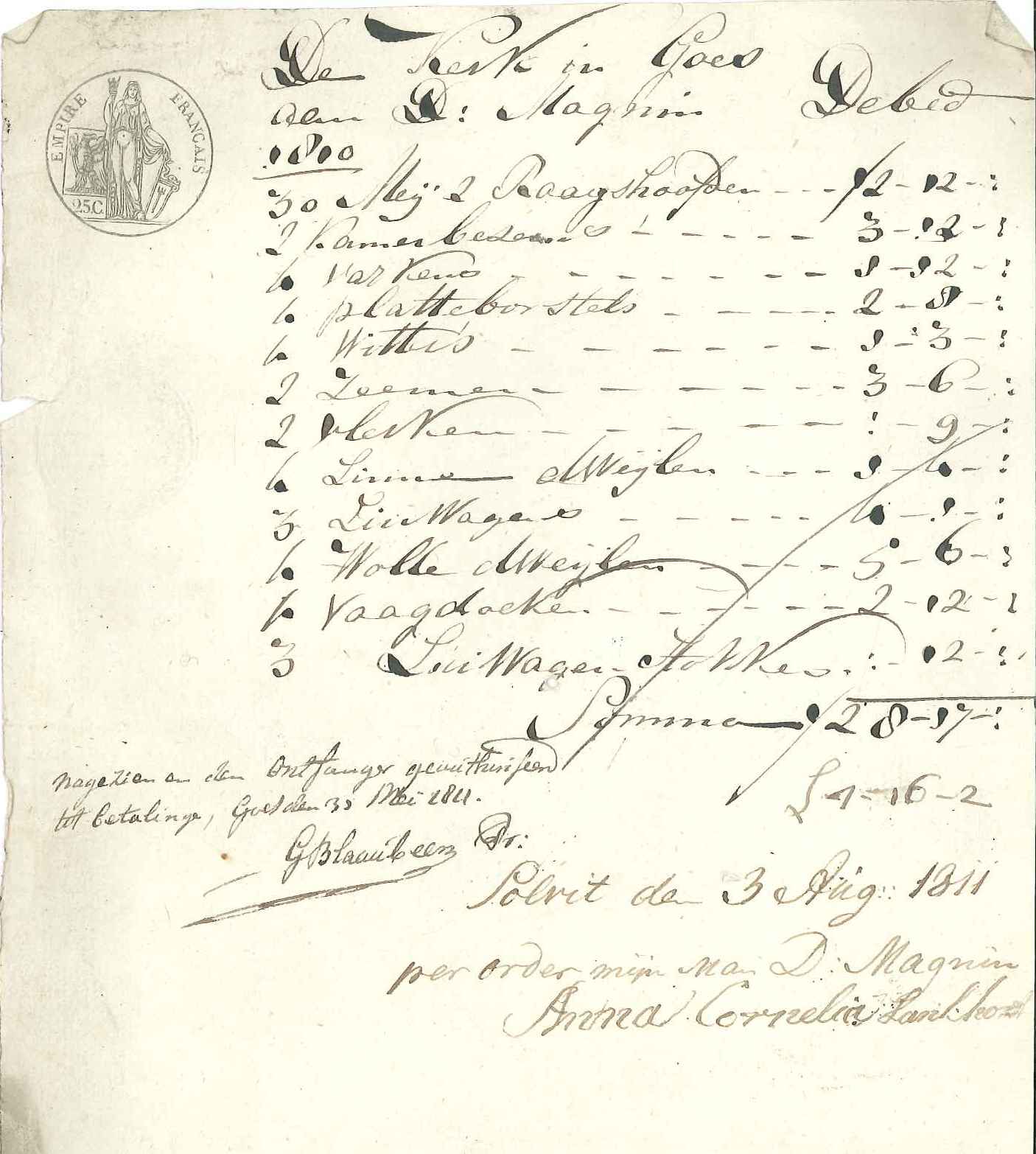 Nota voor geleverde schoonmaakartikelen door D. Magnin, 1811.