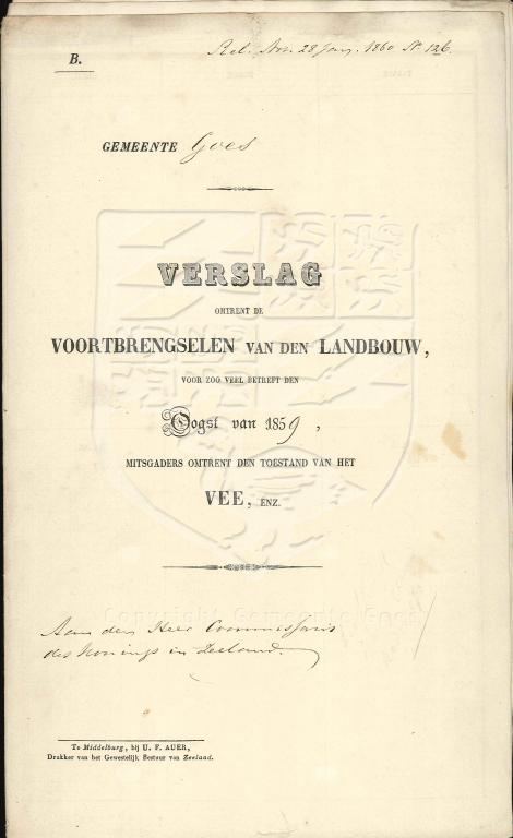 Omslag van het verslag van de landbouw in de gemeente in 1859. GAG.AGG.inv.nr. 234, nr. 126