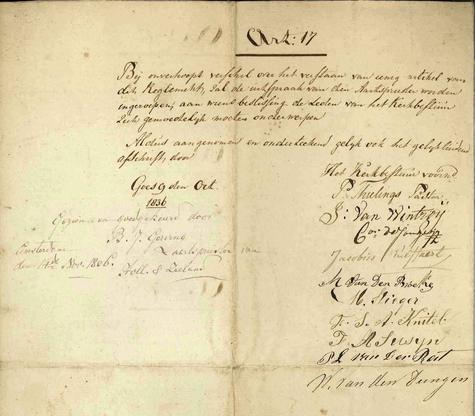Ondertekening van het reglement op het rooms-katholieke kerkbestuur, 1836. GAG,Arch.rk.kerk, inv.nr. 176.