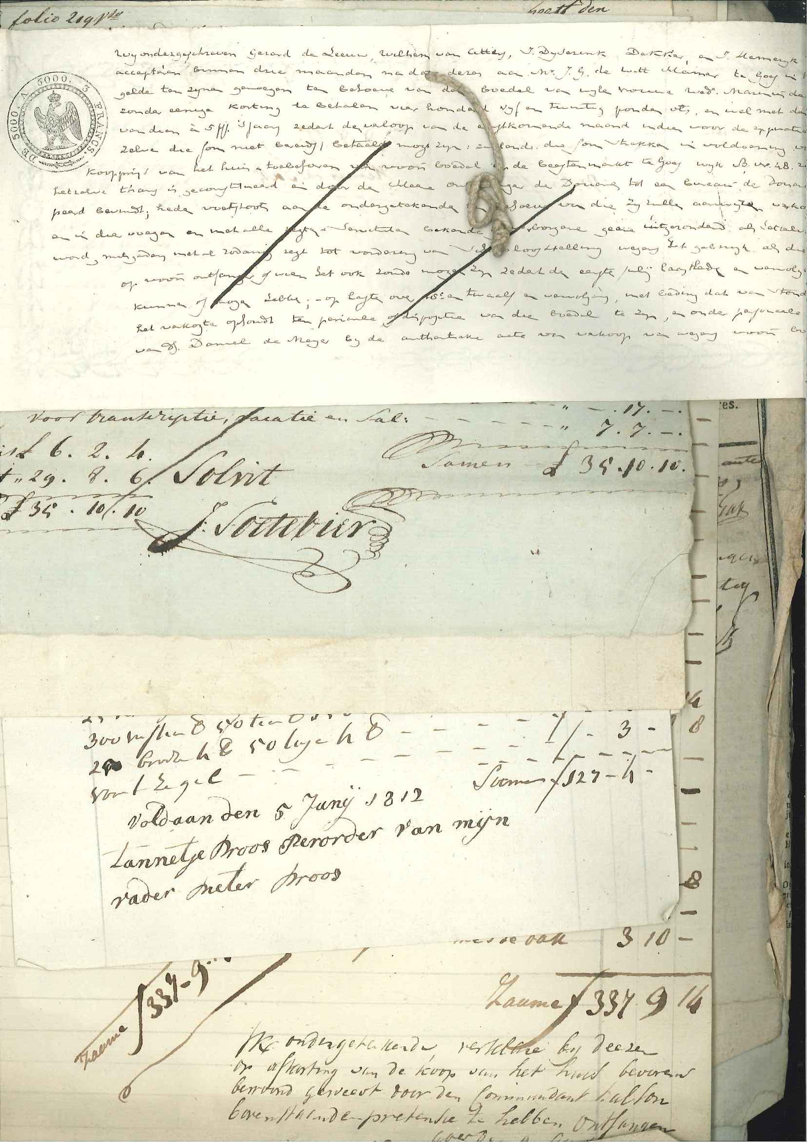Onkostennota's voor het  fonds voor de inrichting van een huis voor de Franse commandant, 1811.