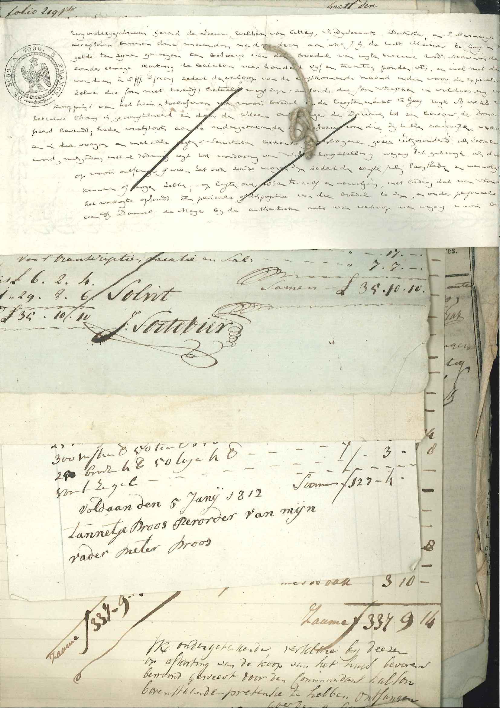 Onkostennota's voor het fonds voor de inrichting van een huis voor de Franse commandant, 1811.