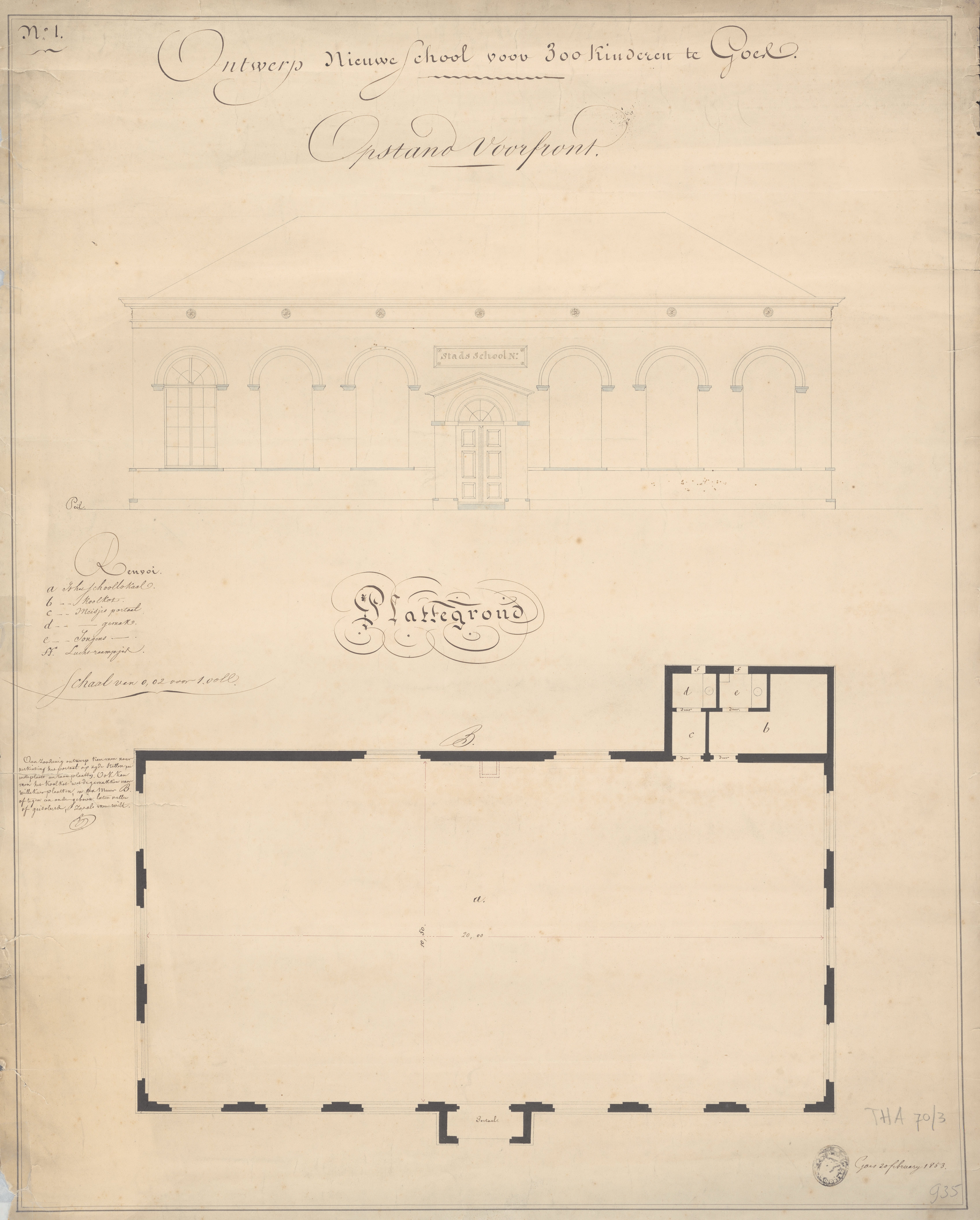 Ontwerp voor een nieuwe school van 300 leerlingen, 1853. GAG.HTA.