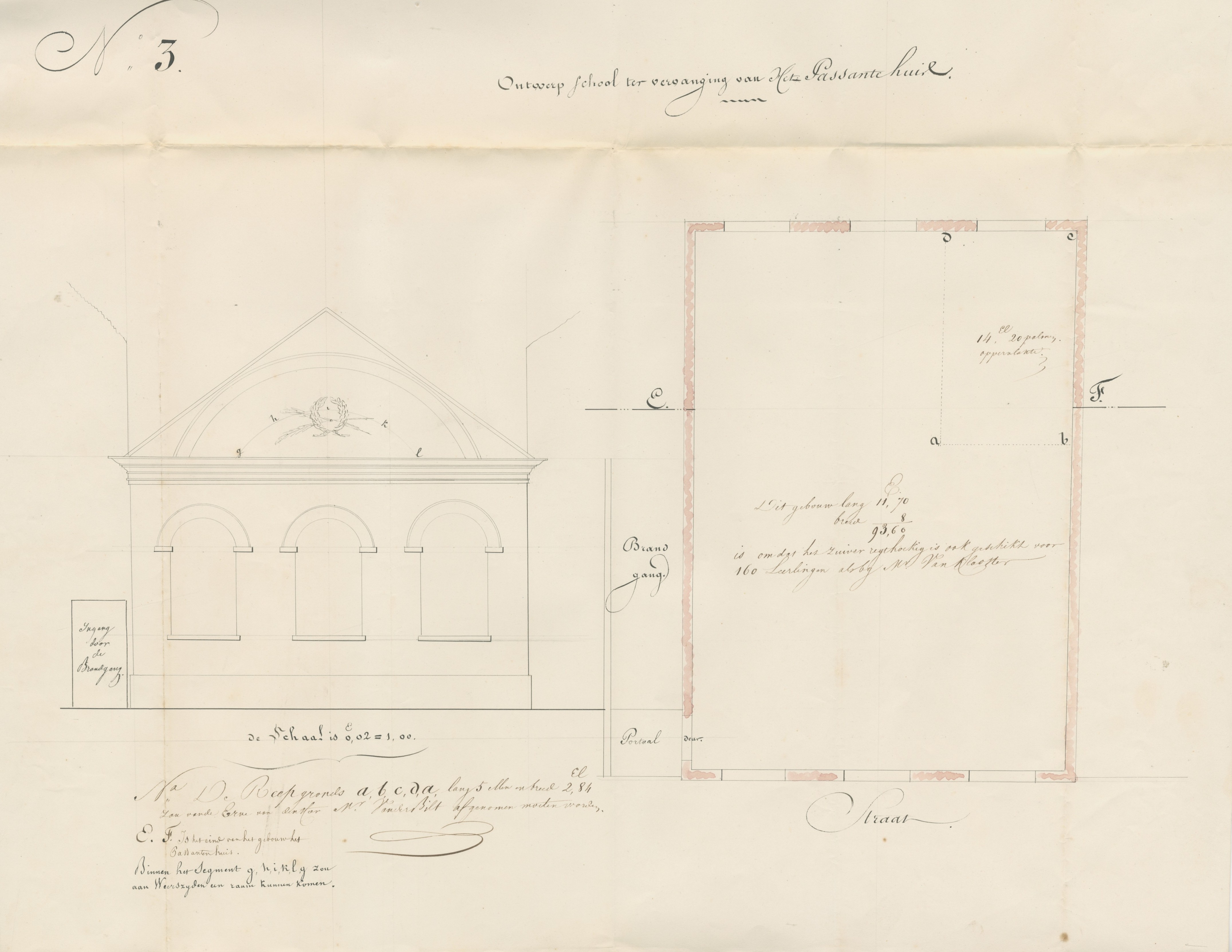 Ontwerp voor een school op de plaats van het Passantenhuis aan de Wijngaardstraat 7, 1842. GAG.ASG.inv.nr. 574.2, nr. 857.