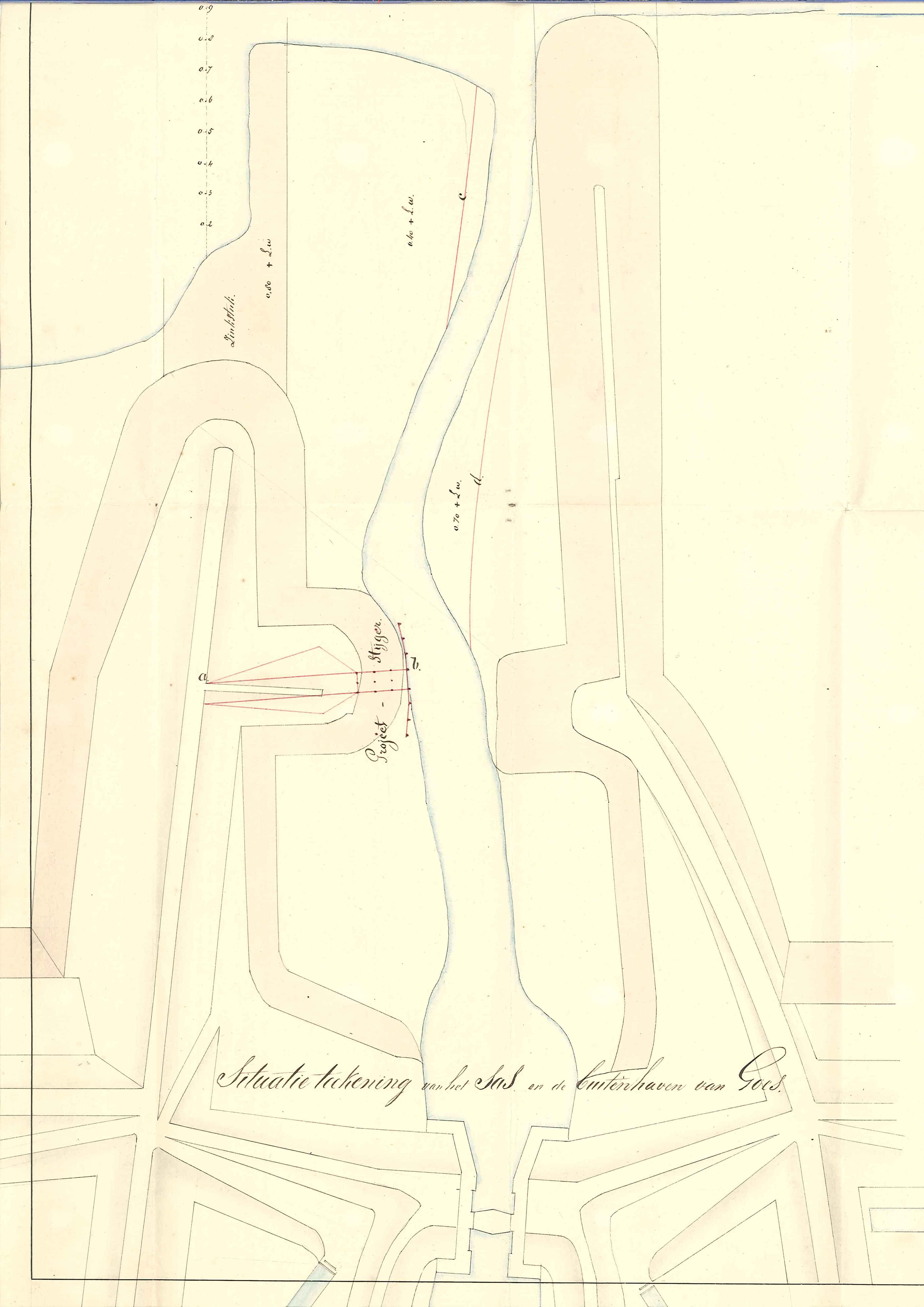 Ontwerp voor een steiger aan het Goese Sas voor het afmeren van stoomschepen, 1853. GAG.AGG.inv.nr. 155, nr. 44.